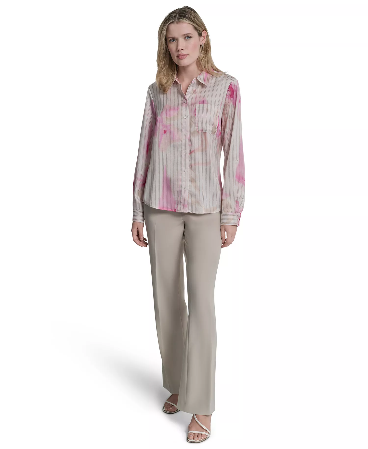Petite Woven Roll Tab Button-Front Shirt - Pink - P/L