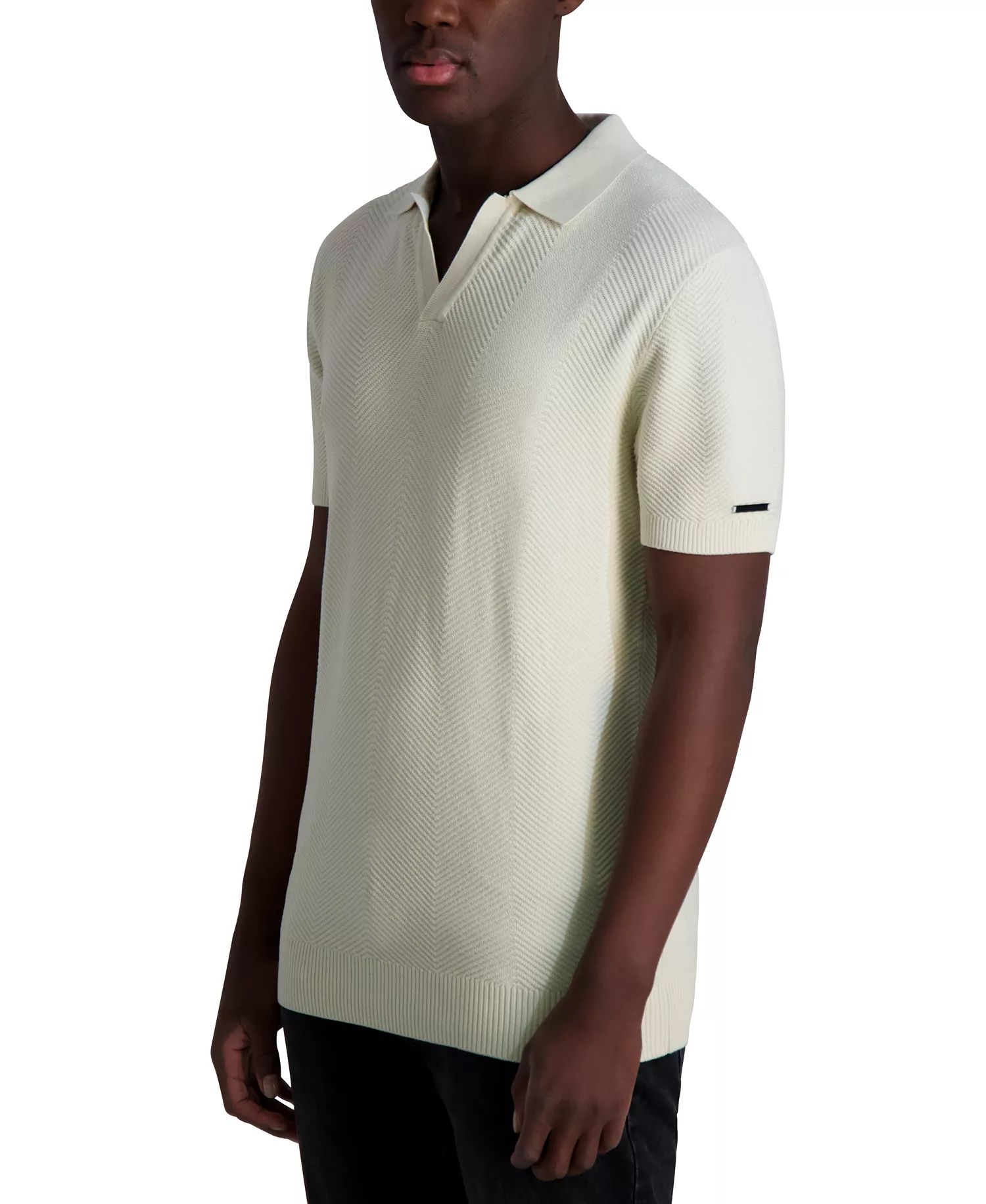 Men's Short Sleeve Textured Open Collar Polo Shirt - Natural - L