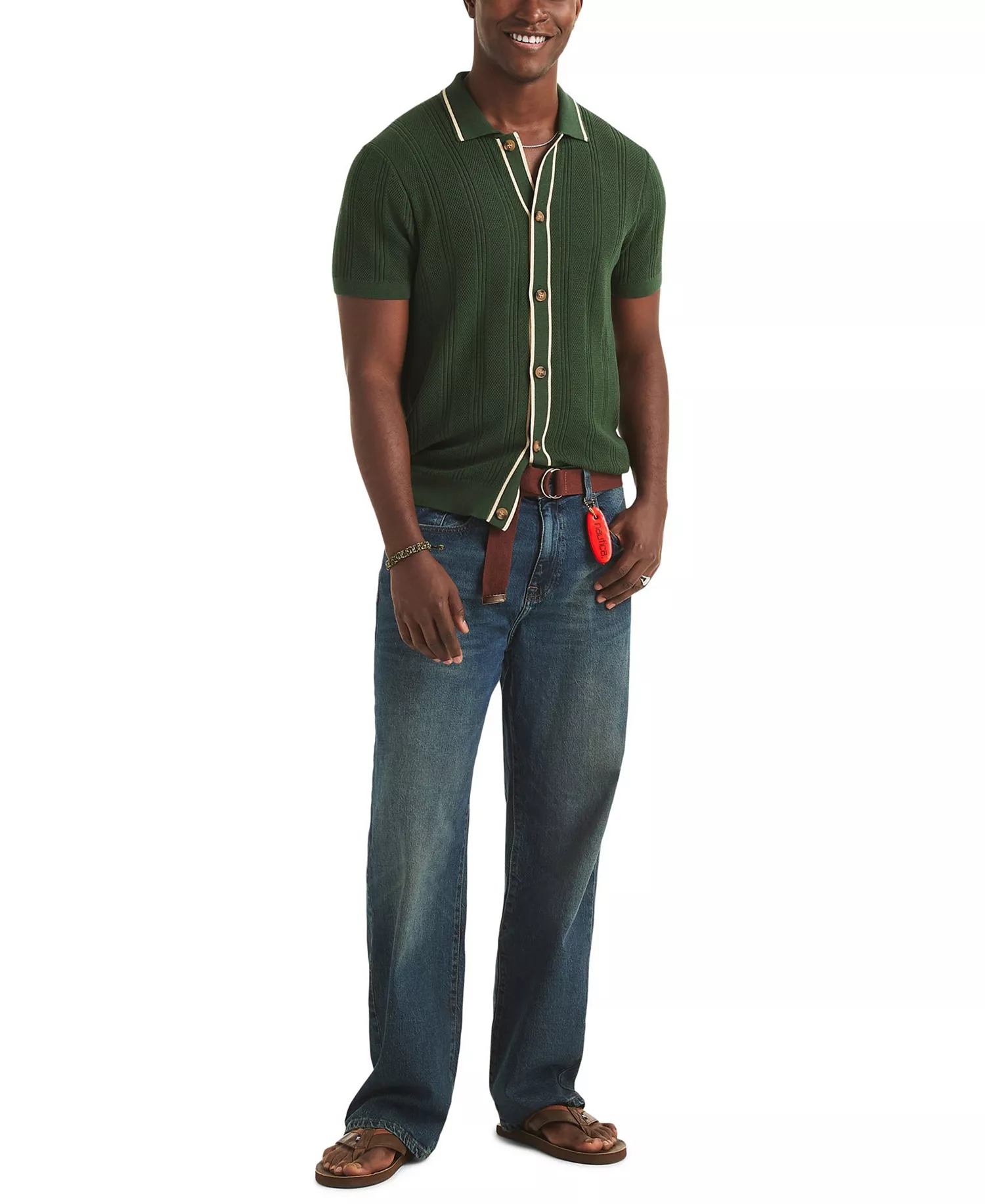 Men's Textured Open Front Polo Sweater - Kelp Seas - 2XL