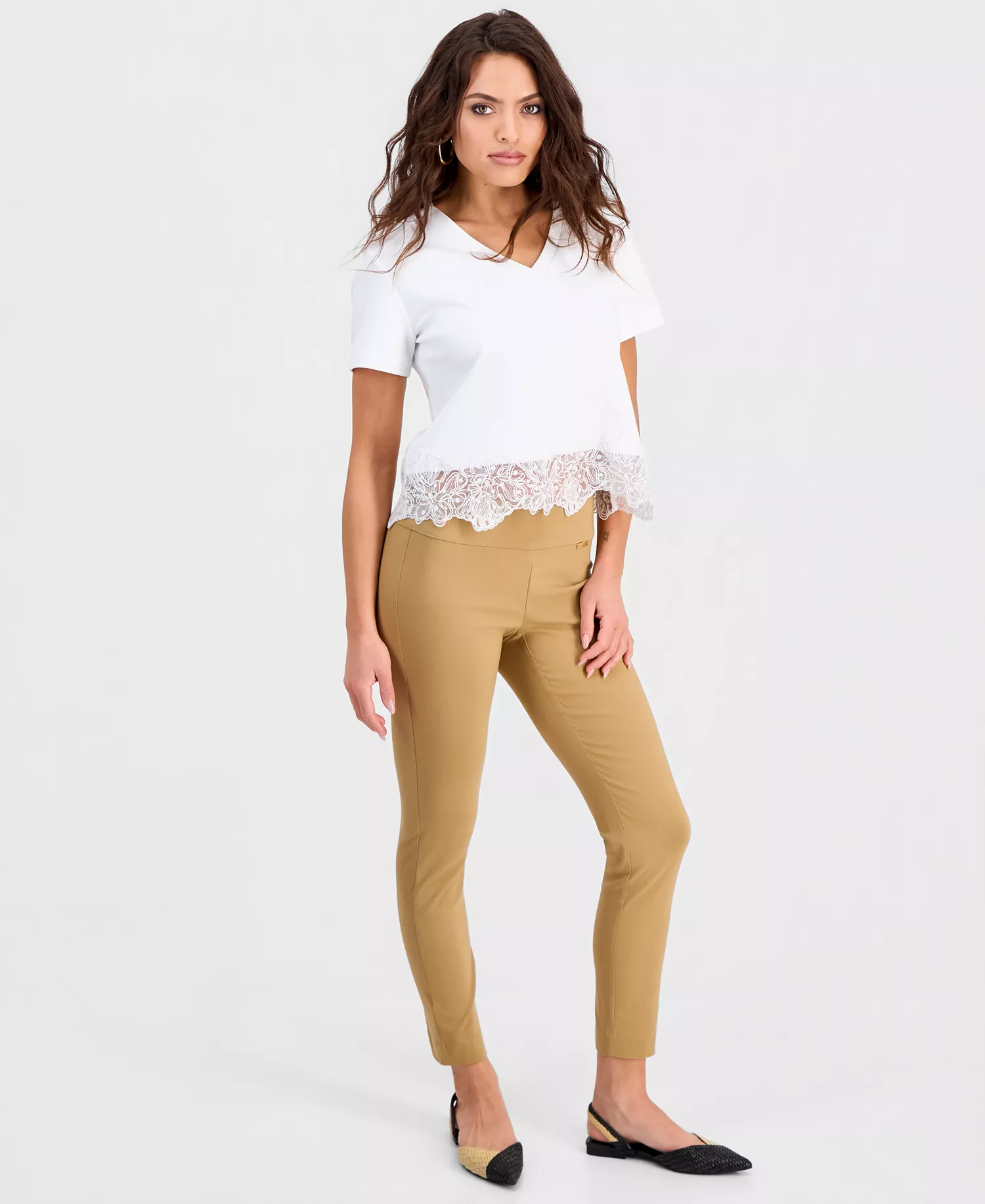 Petite Lace-Hem V-Neck Tee, Created for Macy's - Bright White - P/L