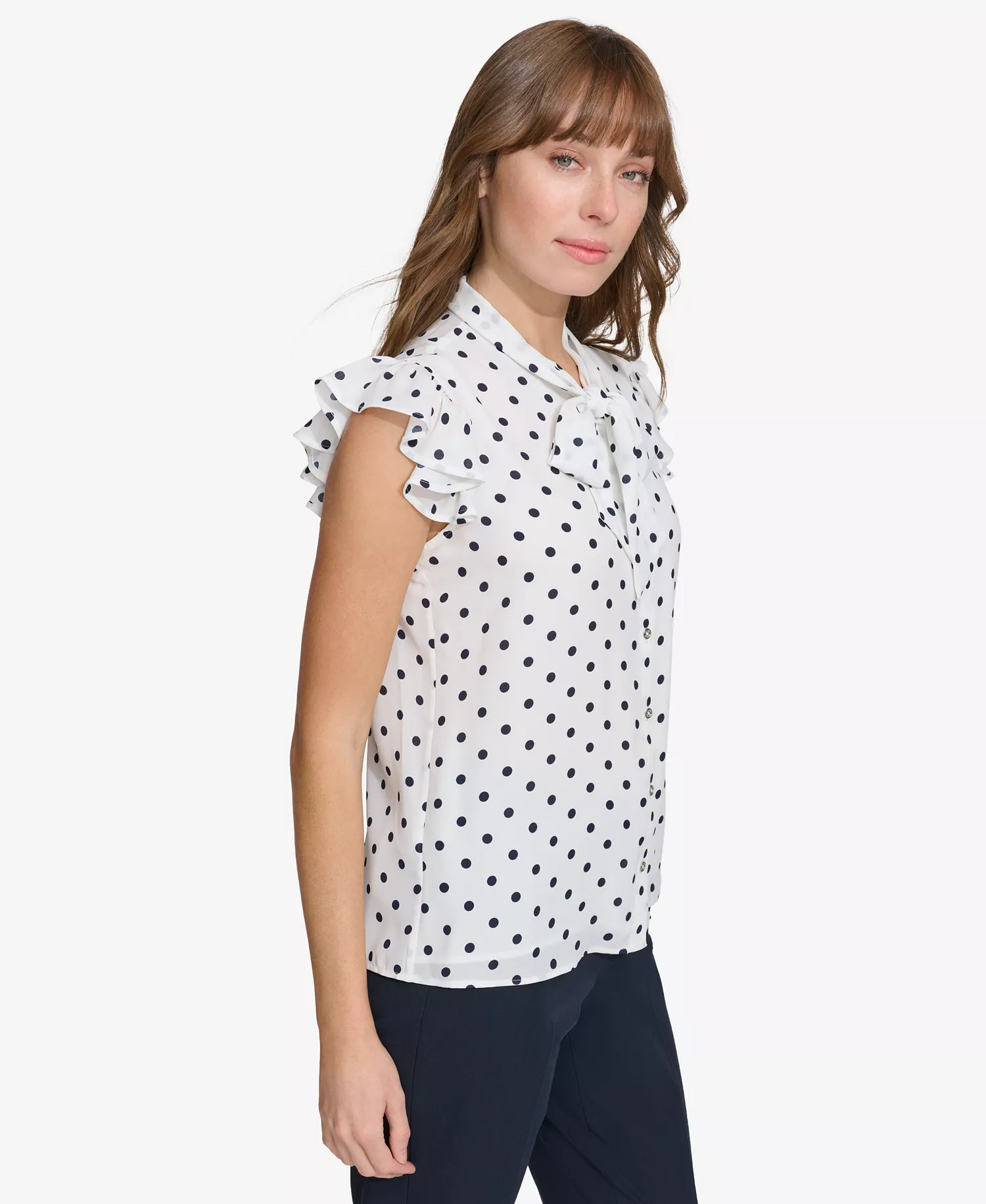 Women's Ruffle-Sleeve Bow Blouse - Ivry/midnight - L