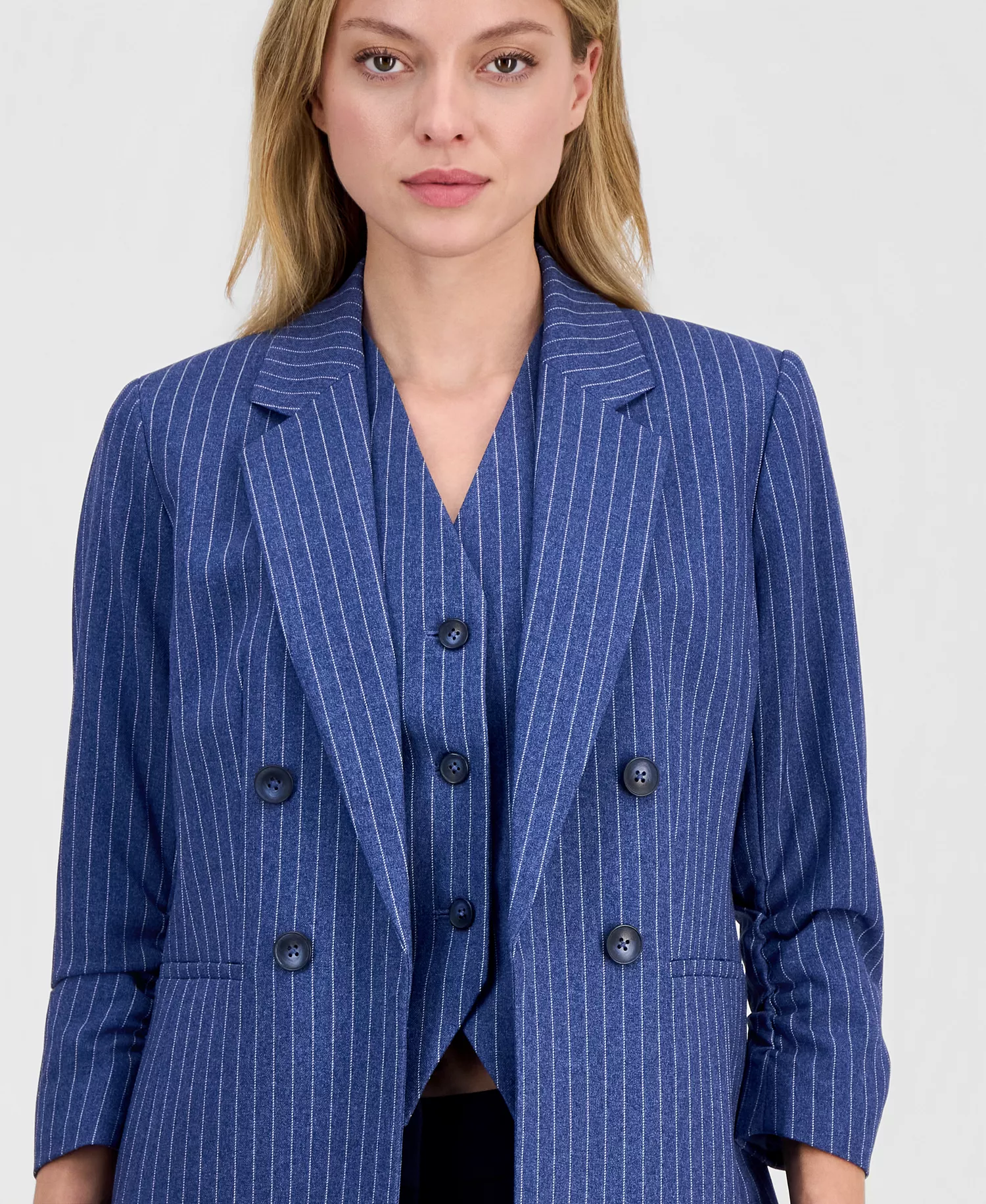 Women's Pinstripe Notched-Collar Jacket & V-Neck Vest, Macy's Exclusive - Bar Navy Multi - L
