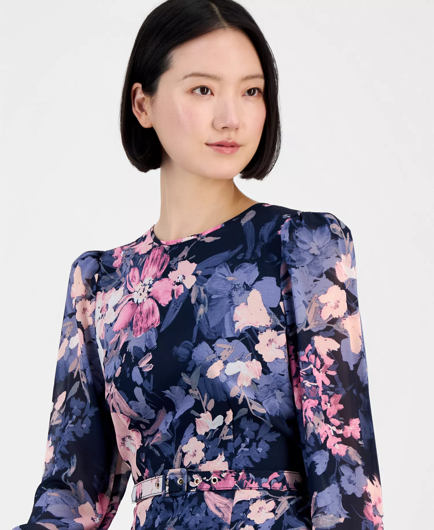 Women's Floral Long-Sleeve Ruffled Dress - Navy Peri Floral - 10