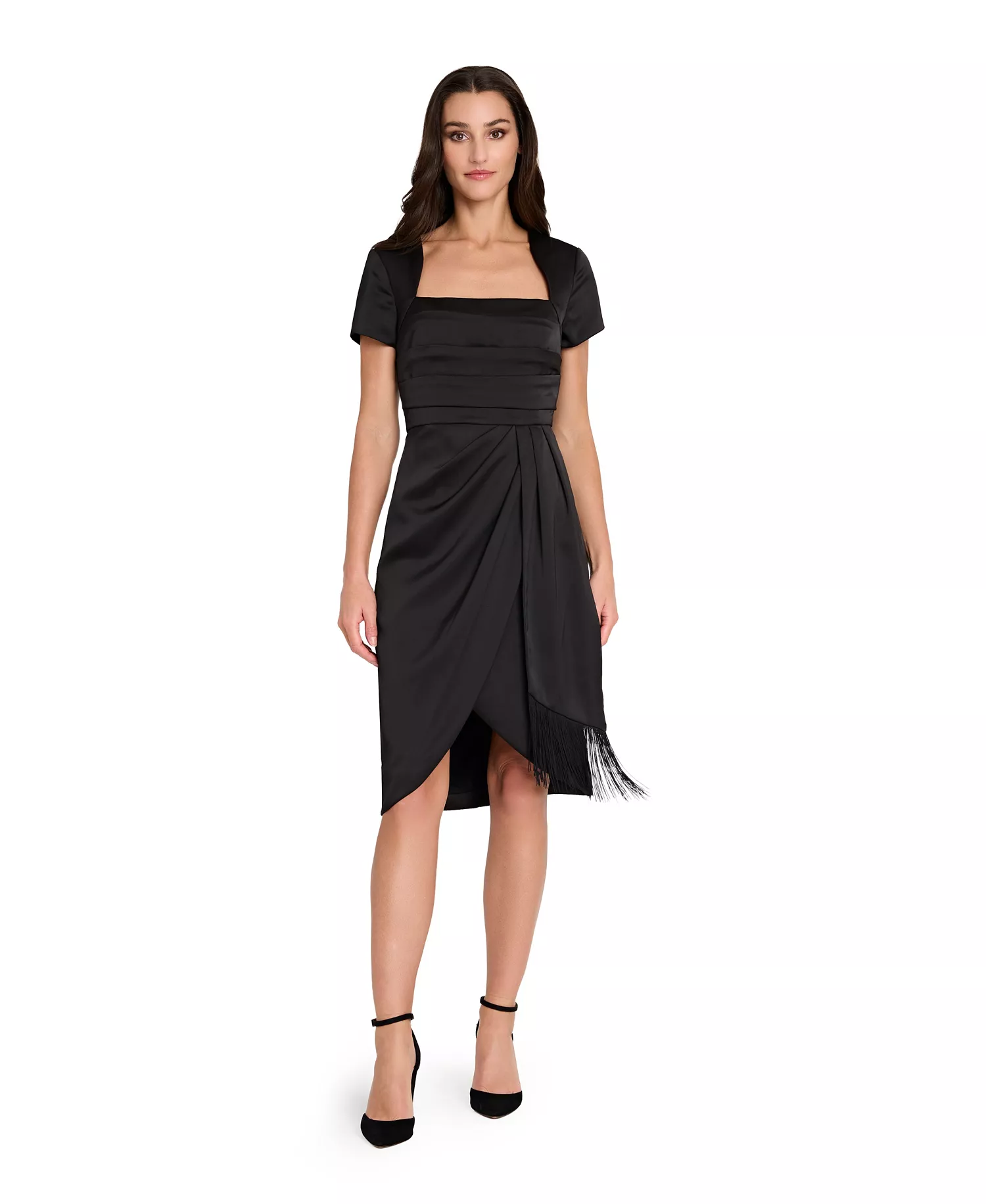 Women's Short Sleeve Pleated Bodice Fringe Sheath Dress - Black - 12