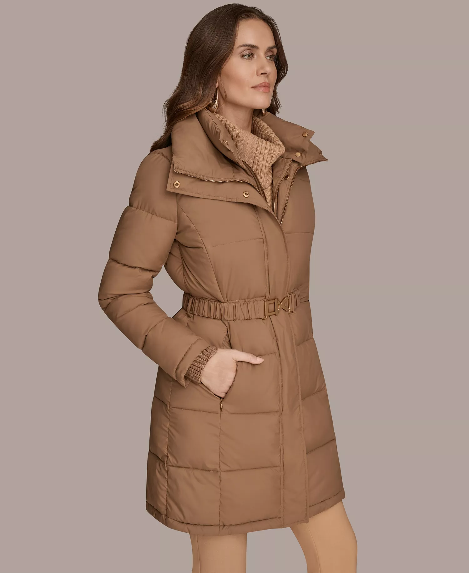 Women's Belted Bibbed Puffer Coat - Antiq gold - L