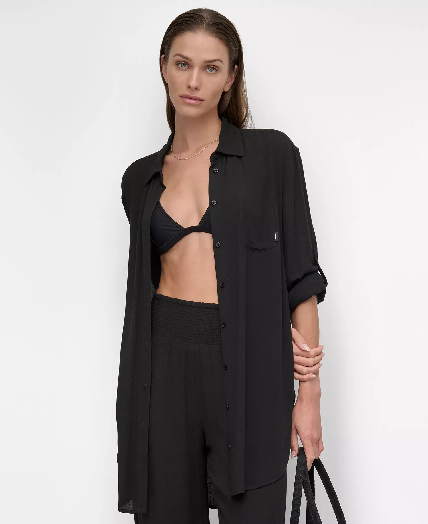 Women's Gauze Collared Button-Front Beach Shirt - Black - L