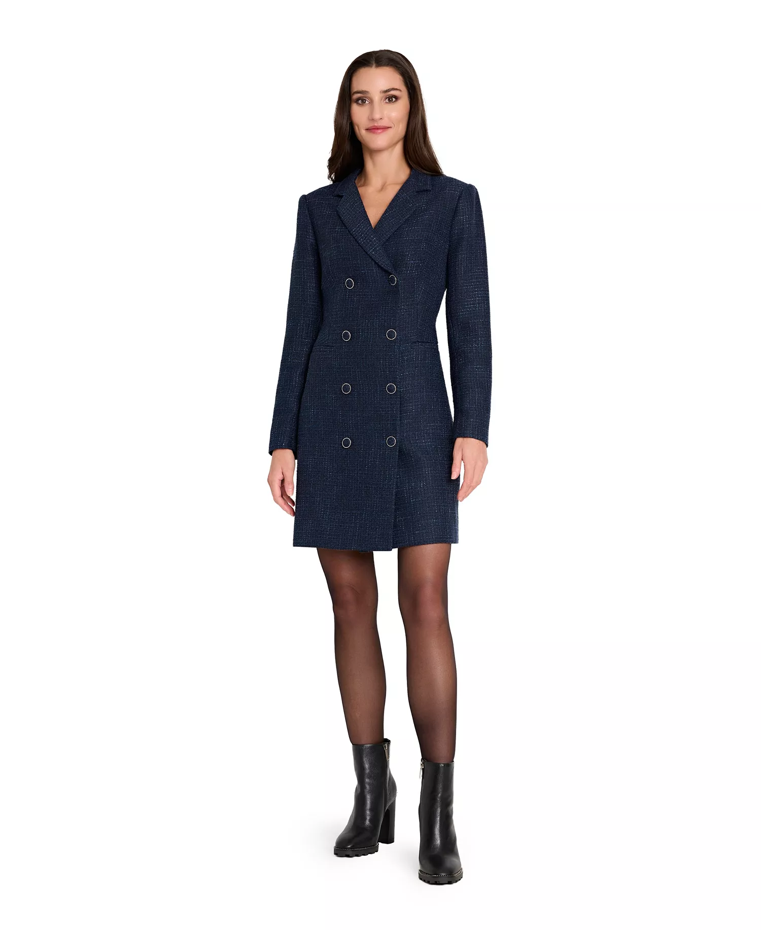 Women's Metallic Boucle Coat Dress - Navy - 10