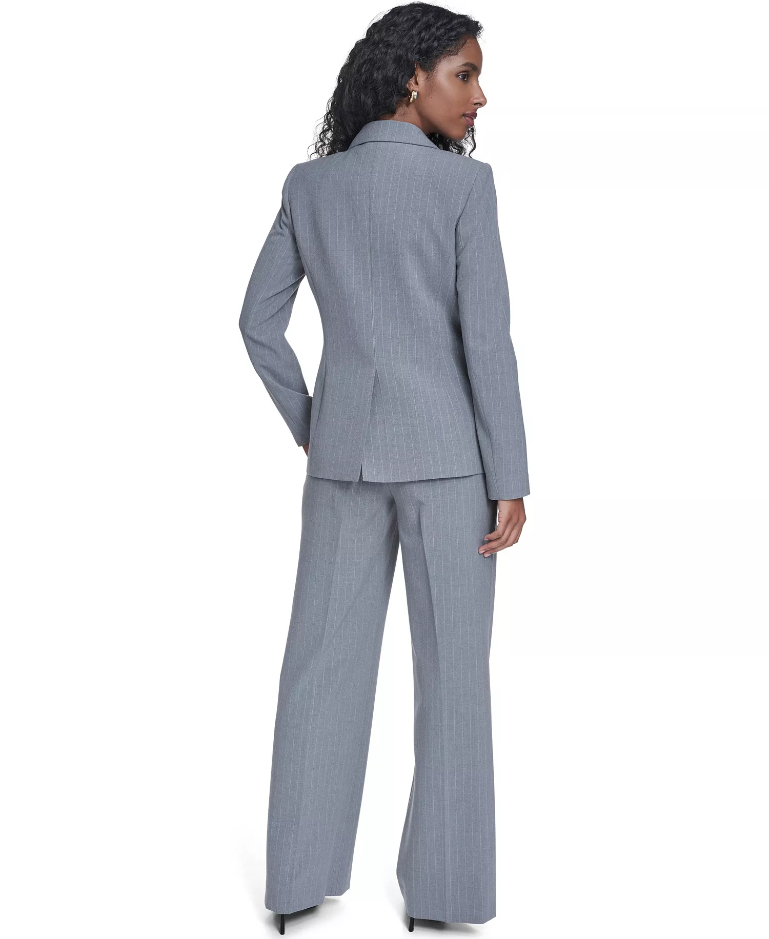 Women's Classic Buttoned Blazer, Pinstripe Vest Top, and Mid-Rise Pants - Heather Charcoal/cream - 10