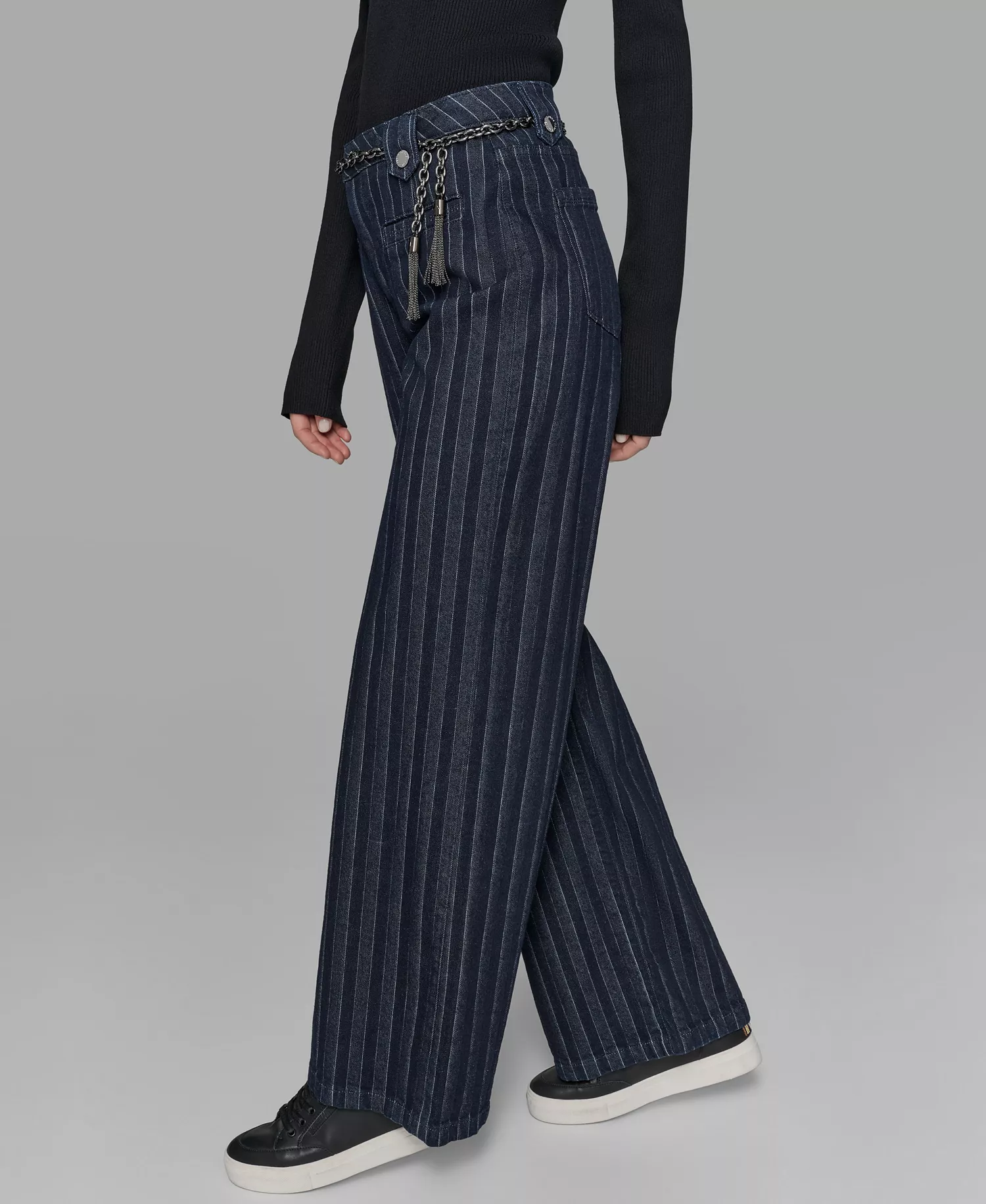 Women's Striped Denim Belted Wide-Leg Pants - Deep Blue - 10