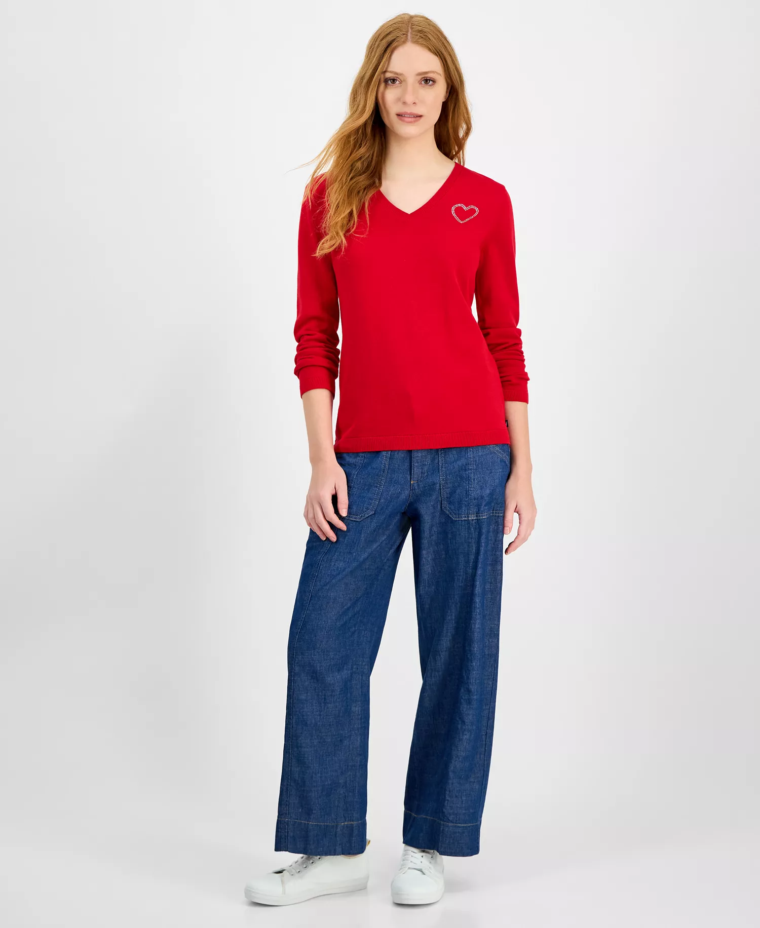 Nautica Women's Cotton Embellished-Heart Sweater  - Haute Red - L