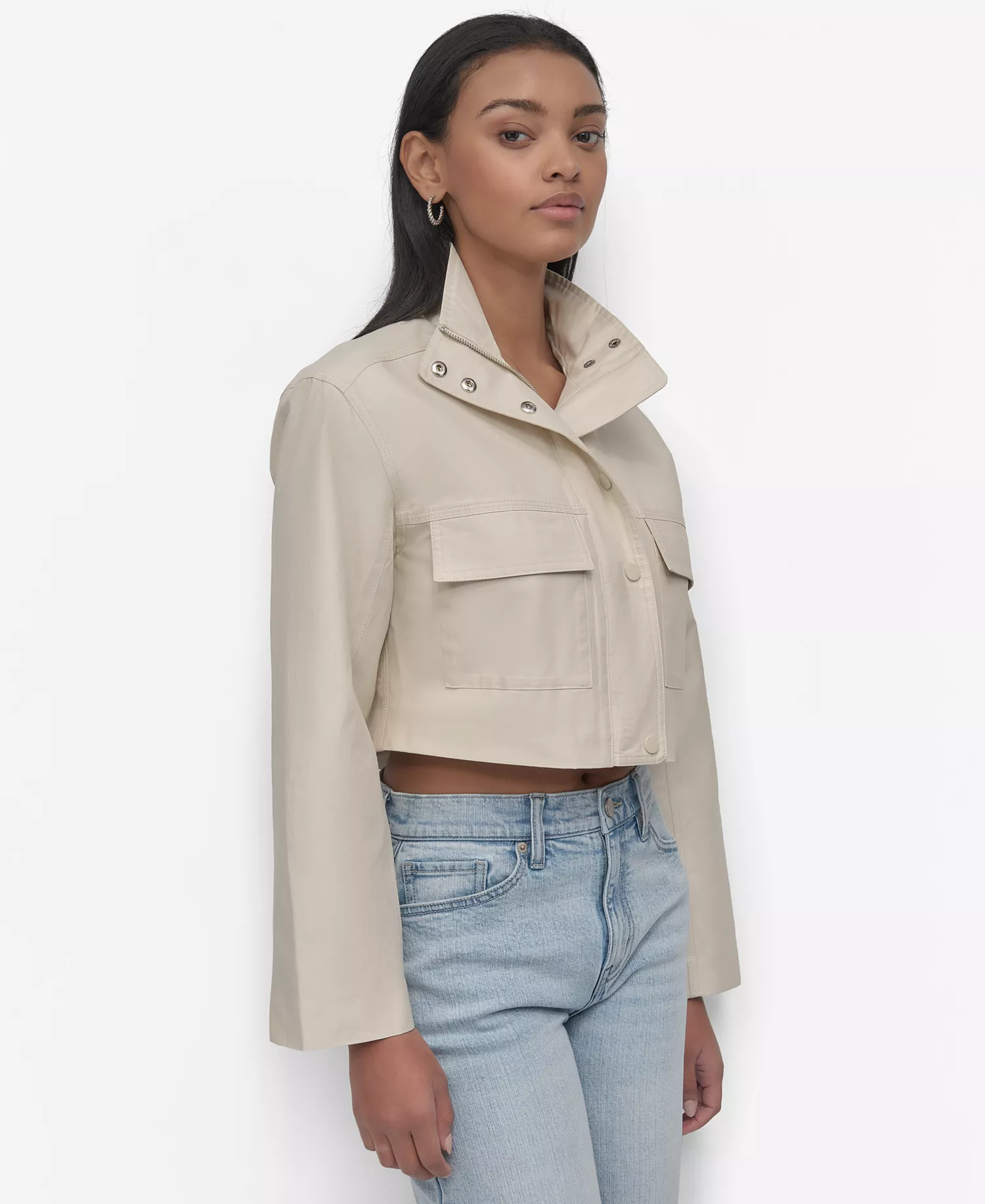Women's Coated Water Resistant Cropped Utility Jacket - Light City Khaki - L