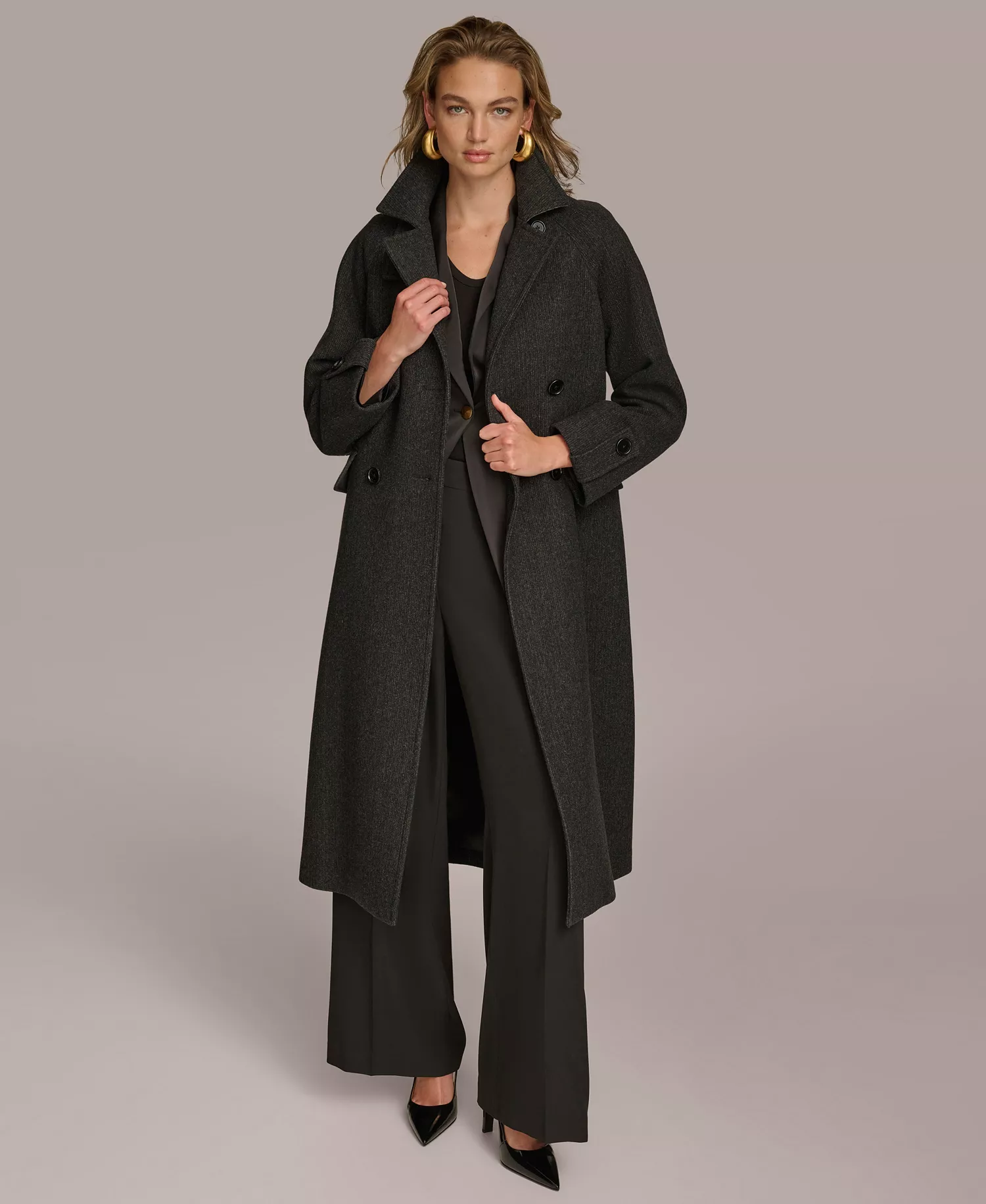 Women's Double-Breasted Belted Wrap Coat - Black - L