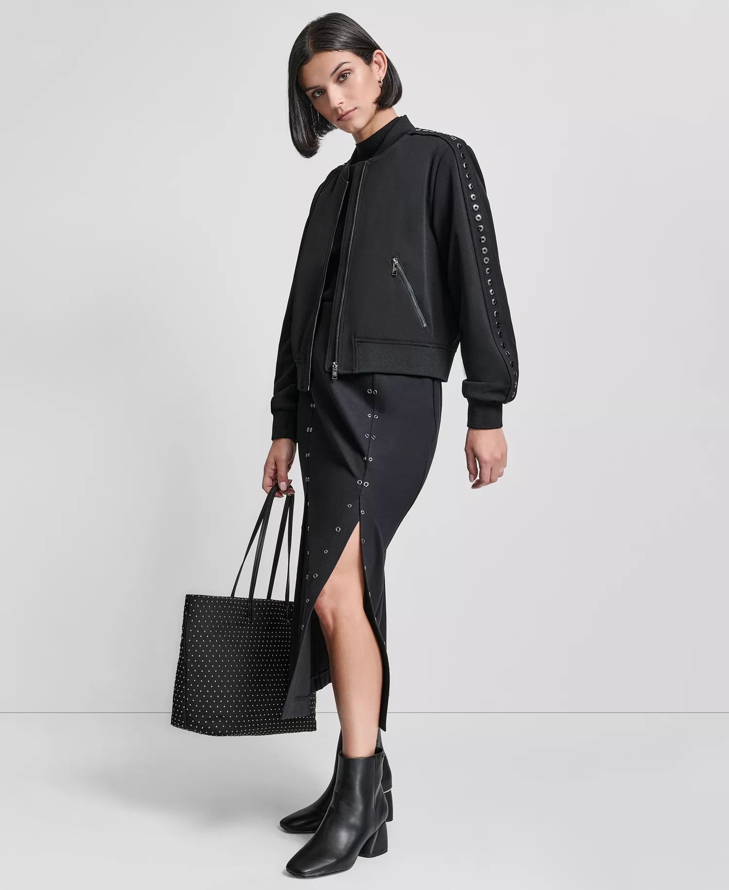 Women's Round Neck Double Weave Grommet Bomber Jacket - Black - M