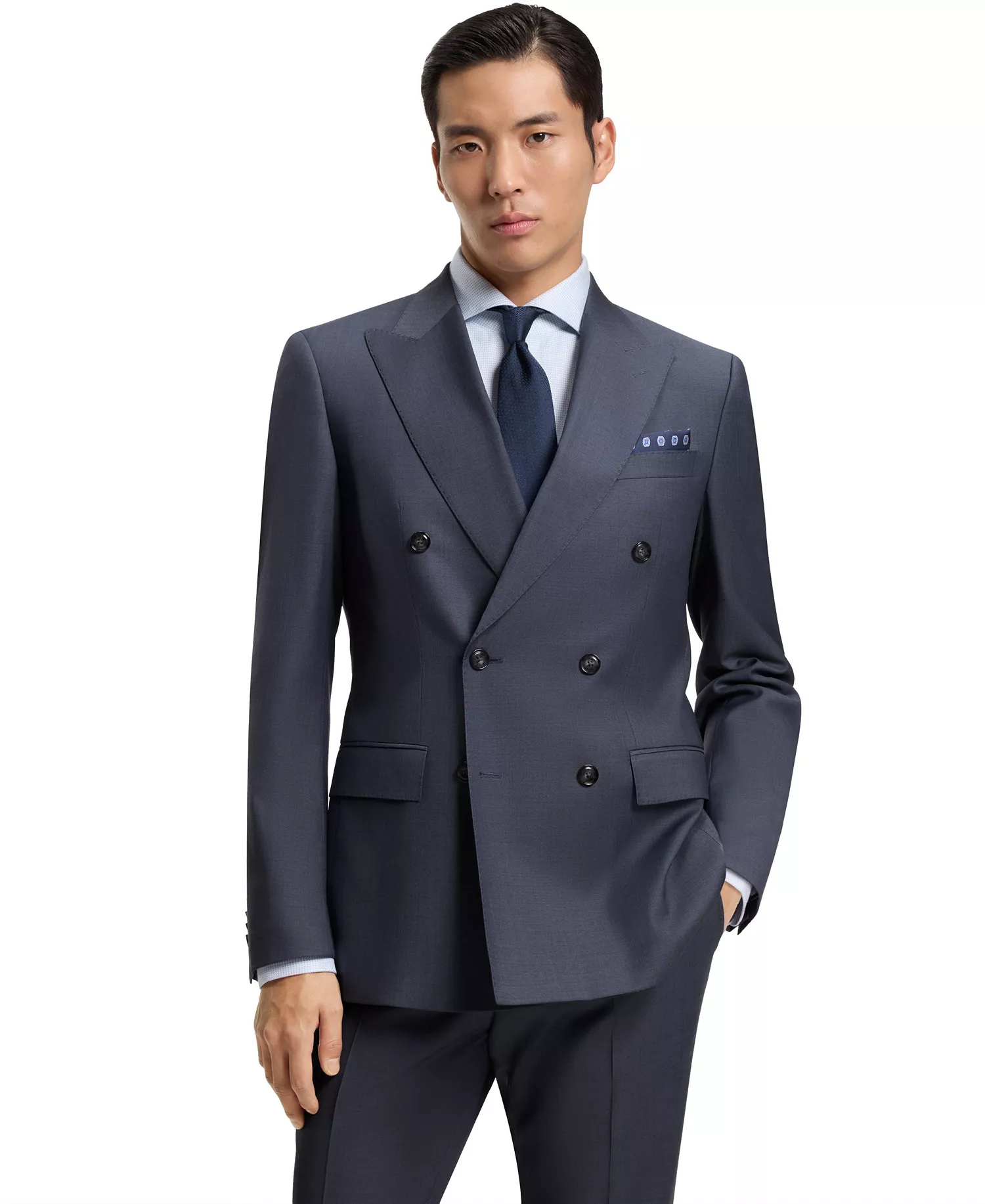 Men's Two-Piece Slim-Fit Patterned Virgin Wool Suit - Open Blue - 38R