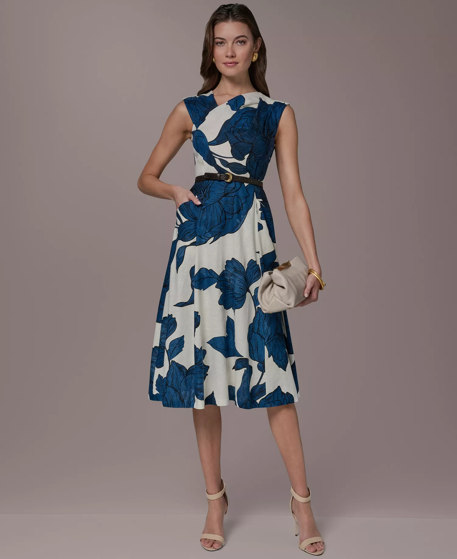 Women's Asymmetrical Neck A-Line Midi Dress - Cream/Nightfall Multi - 10