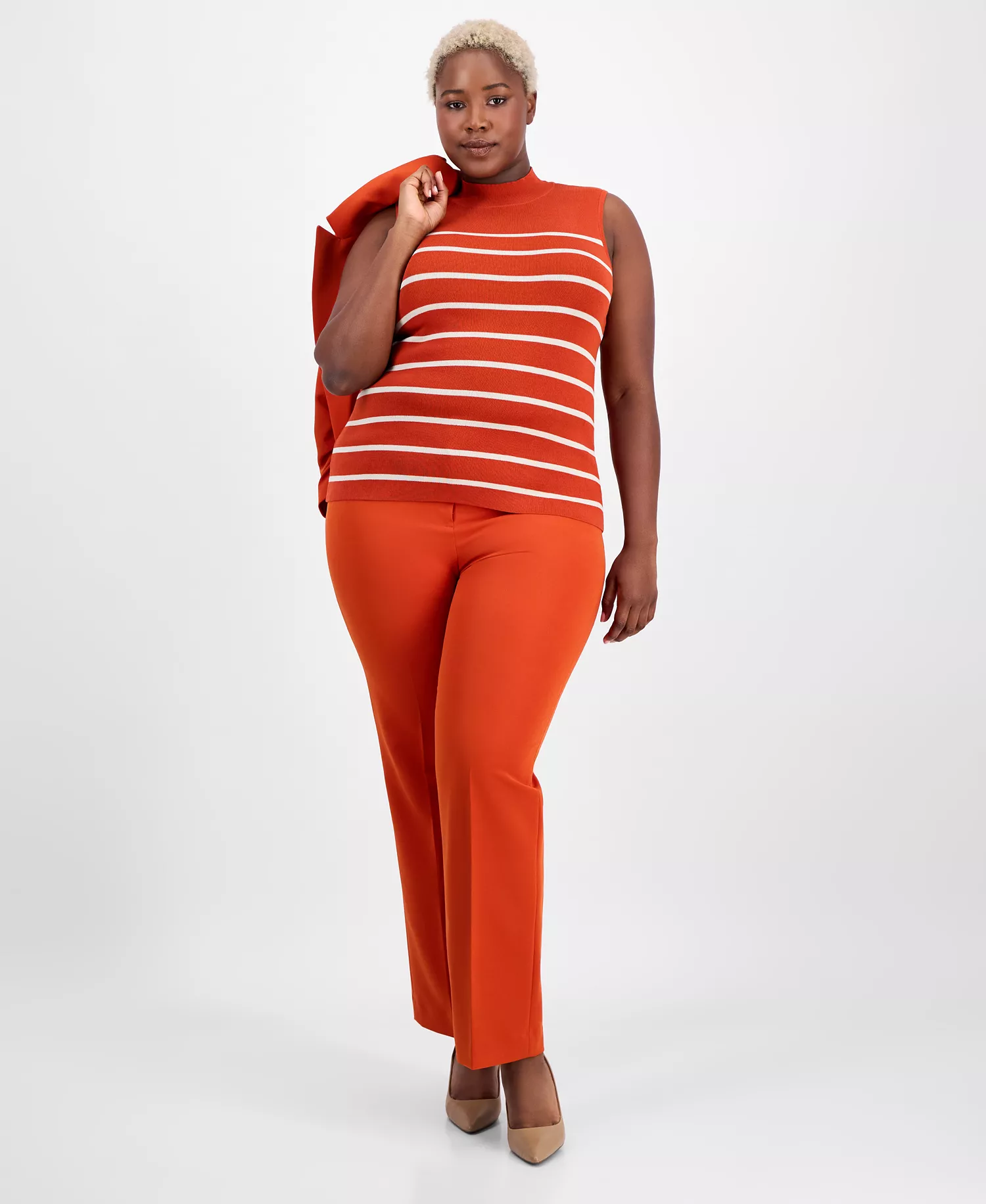 Plus Size Striped Mock-Neck Sleeveless Sweater - Persimmon - 1X