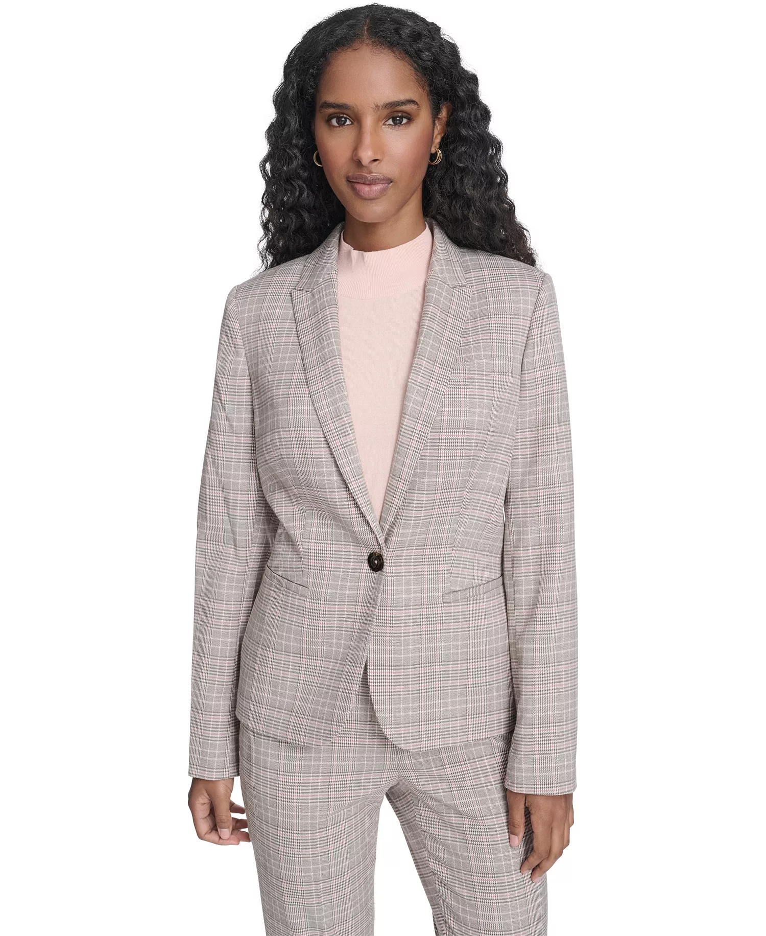 Women's Plaid One Button Blazer Jacket, Floral Clip Draped Crew Neck Top, and Plaid Sloane Ankle Pants - Pale Pink Multi - 0