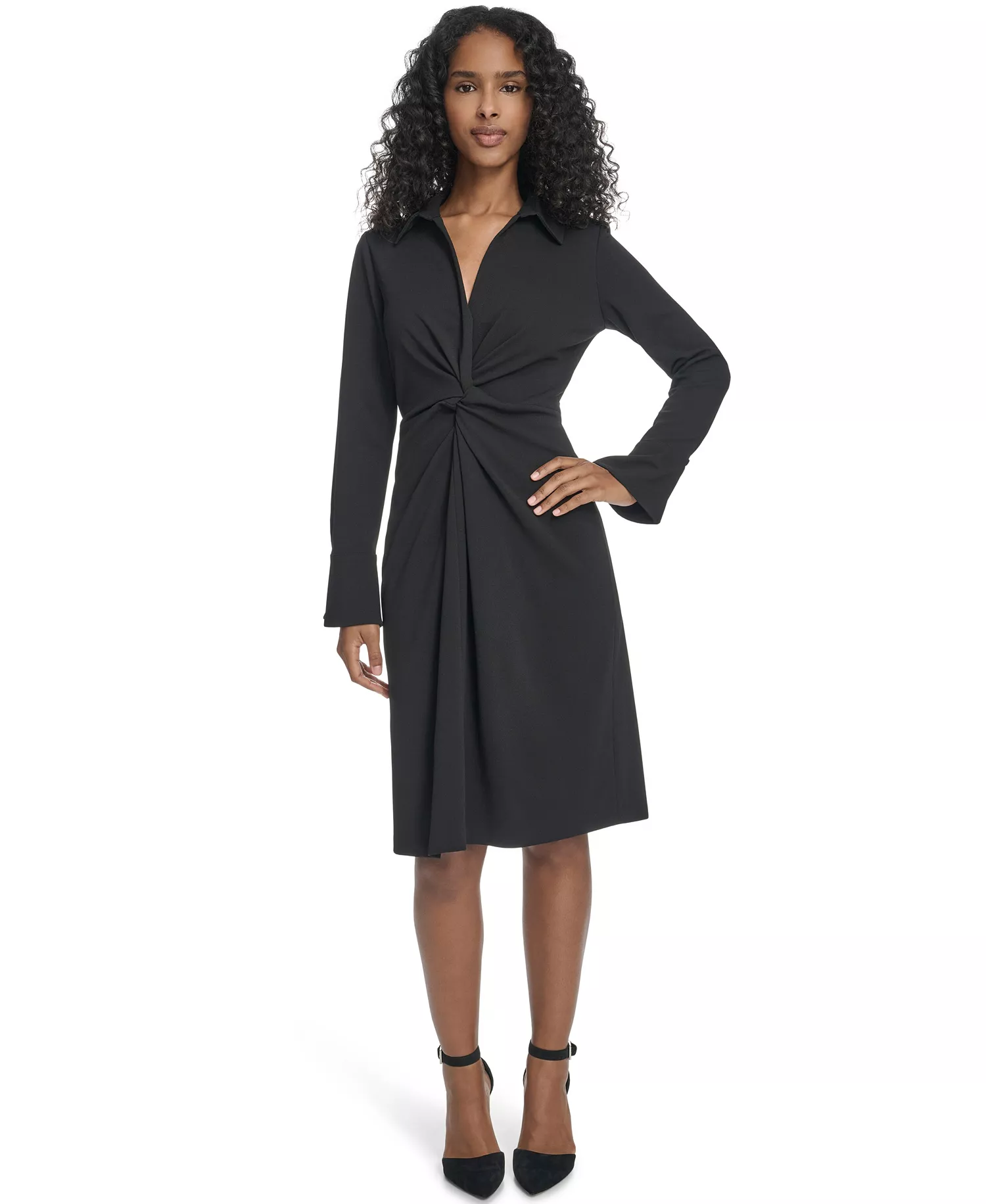 Women's Petite Collar Long-Sleeve Midi Shirtdress - Black - 0P