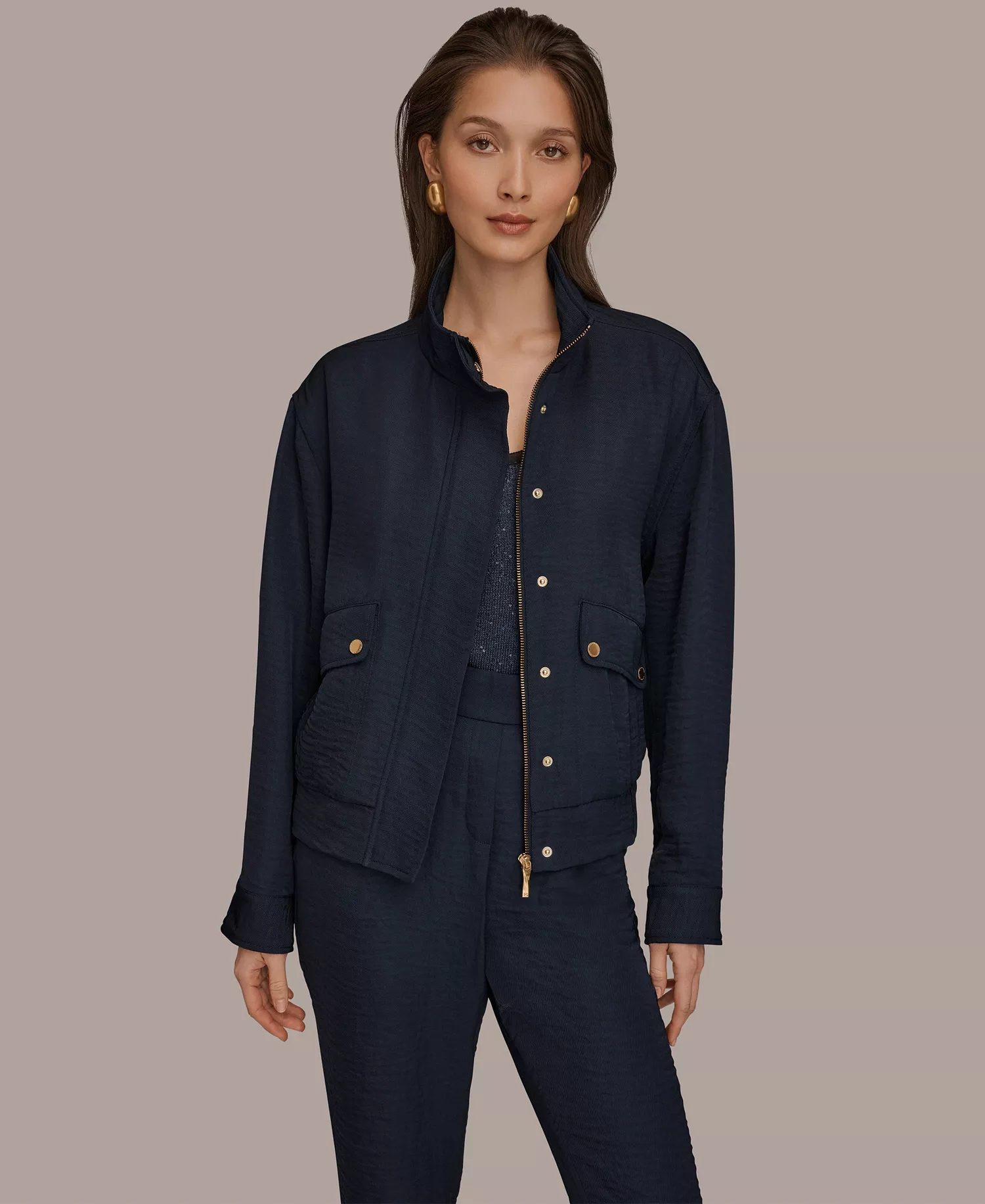 Women's Zip-Up Jacket, Cowl Neck Top and Pleated Straight Pants - Nightfall - L