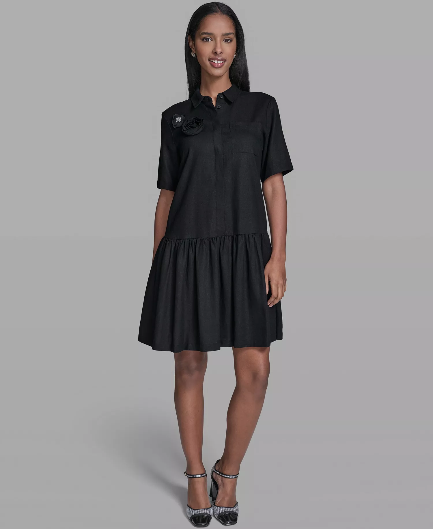 Women's Drop Waist Collared Shirt Dress - Black - 0