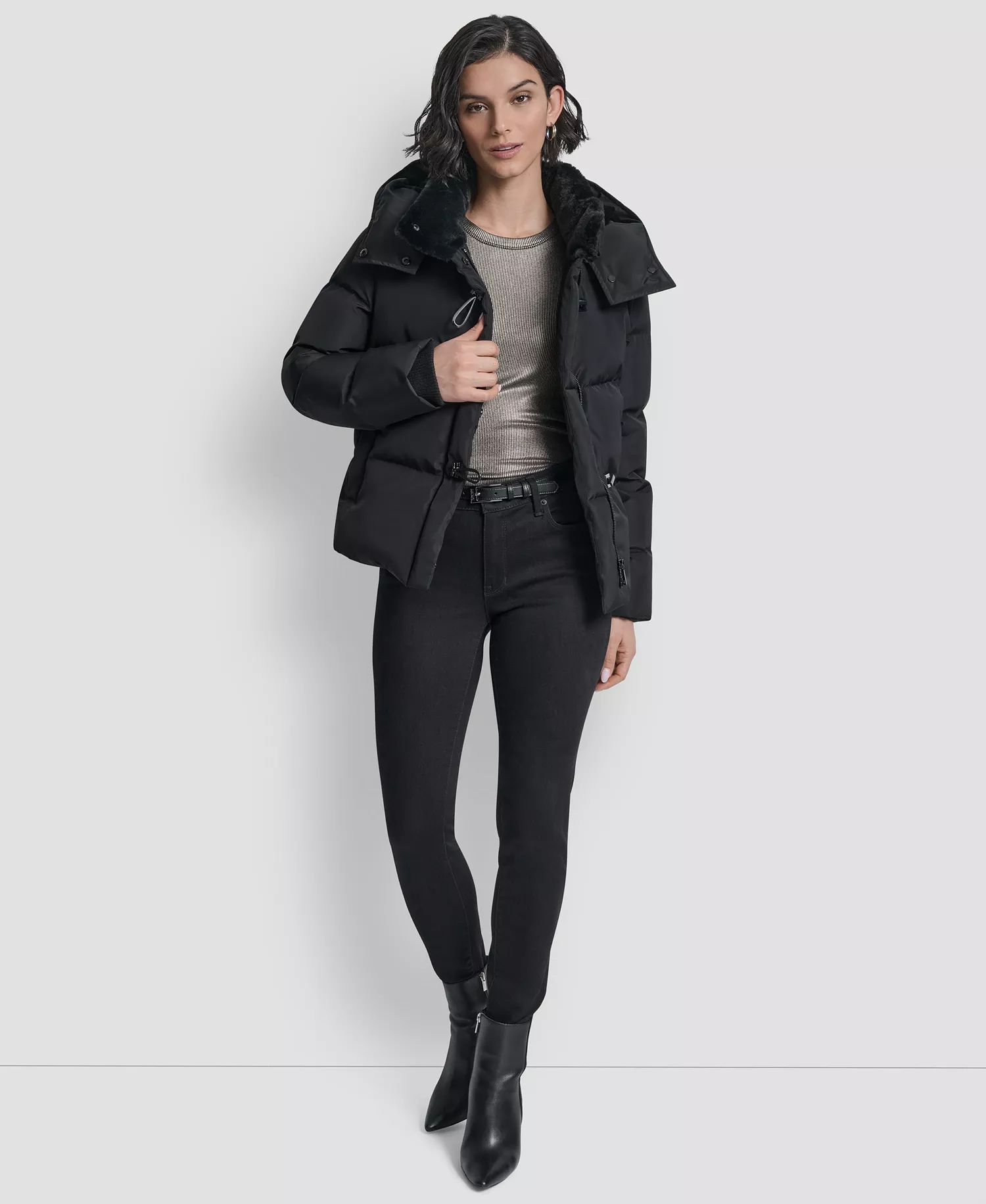 Women's Shirt Toggle Hooded Puffer Coat - Black - L