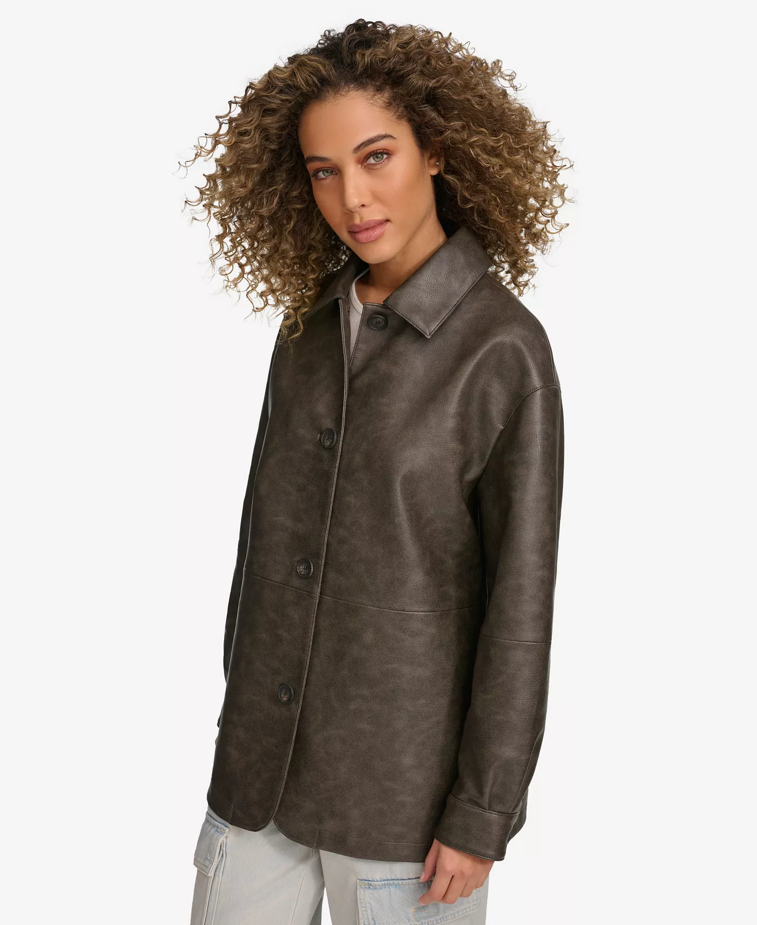 Women's Faux Leather Relaxed Vintage Look Blazer - Ash - L