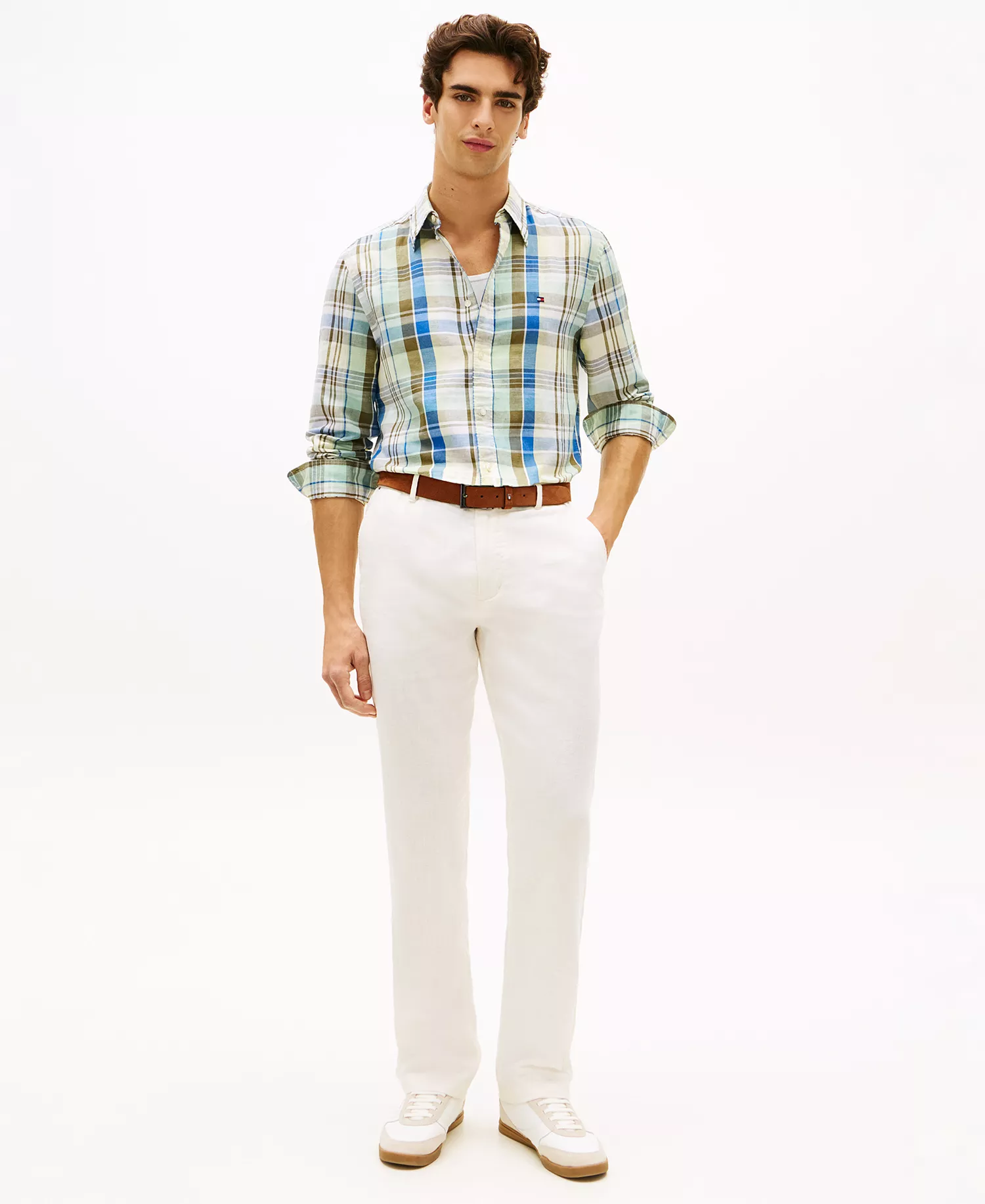 Men's Linen-Blend Madras Check Regular-Fit Shirt - Citronella / Check - L