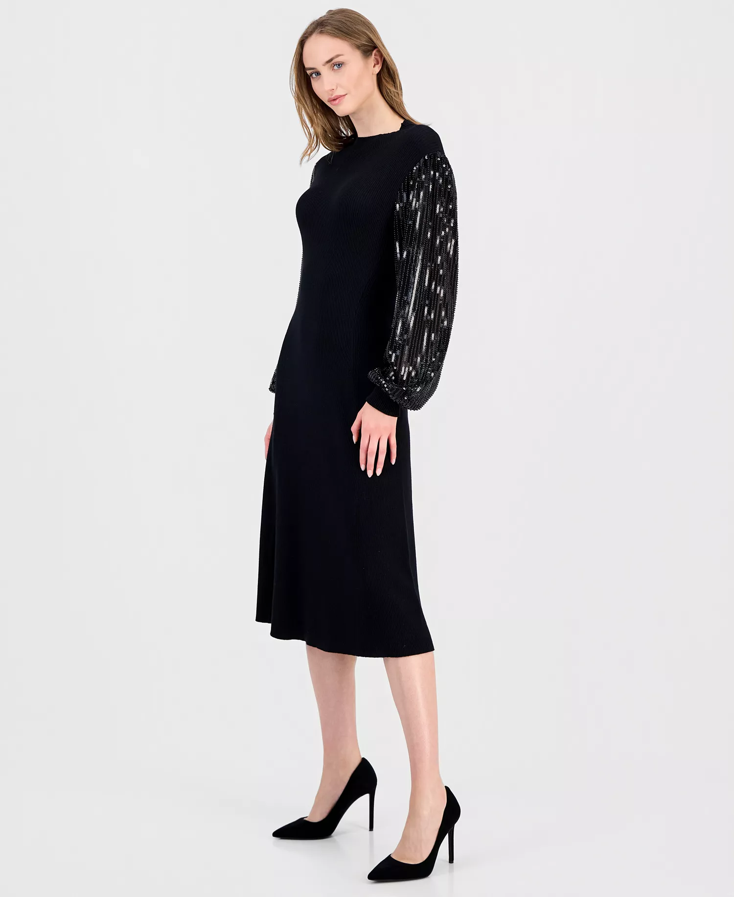Women's Embellished-Sleeve Ribbed Dress - Black / Black Sequin - M