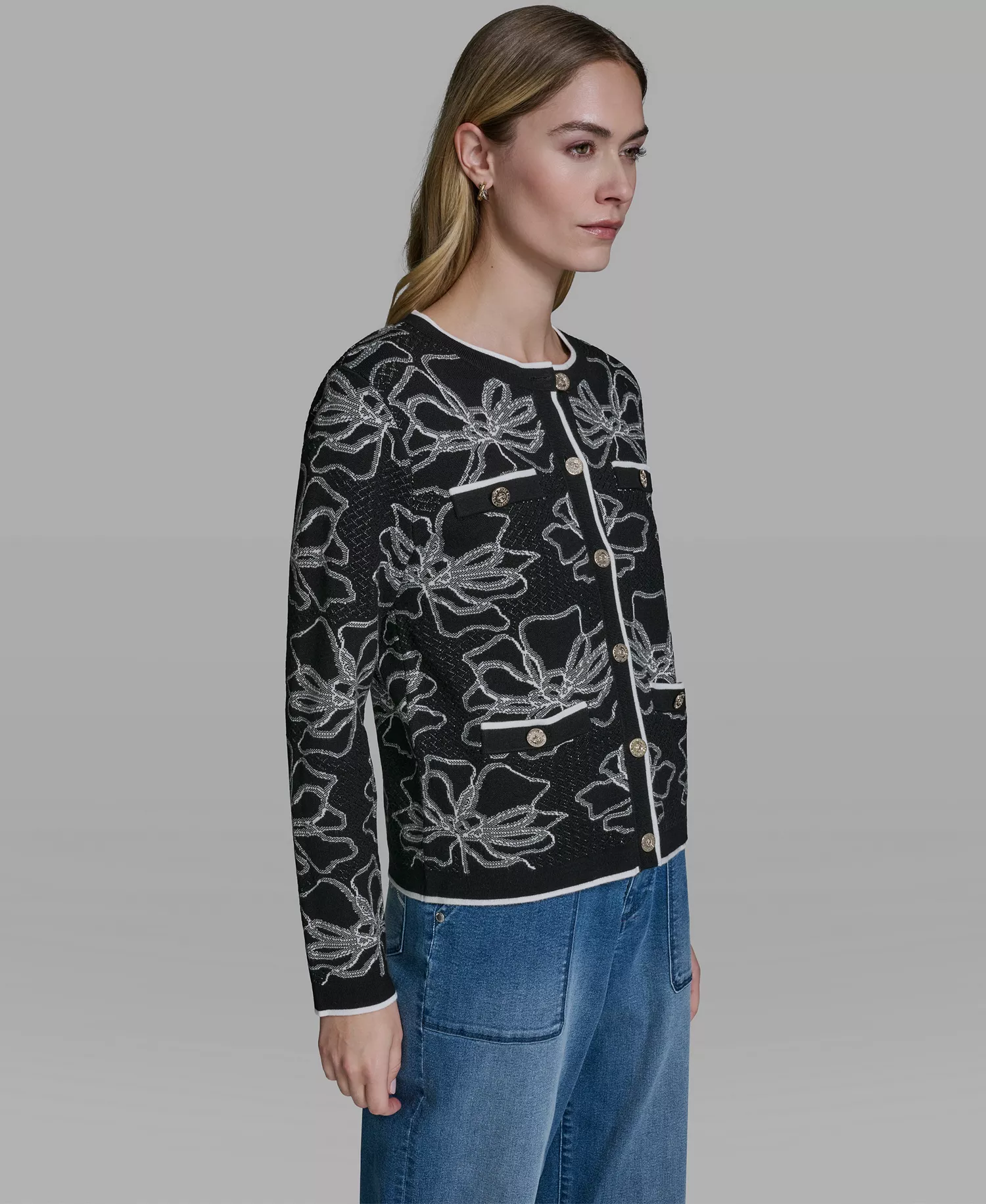 Women's Flower Embroidered Cardigan Sweater - Black/soft White - L