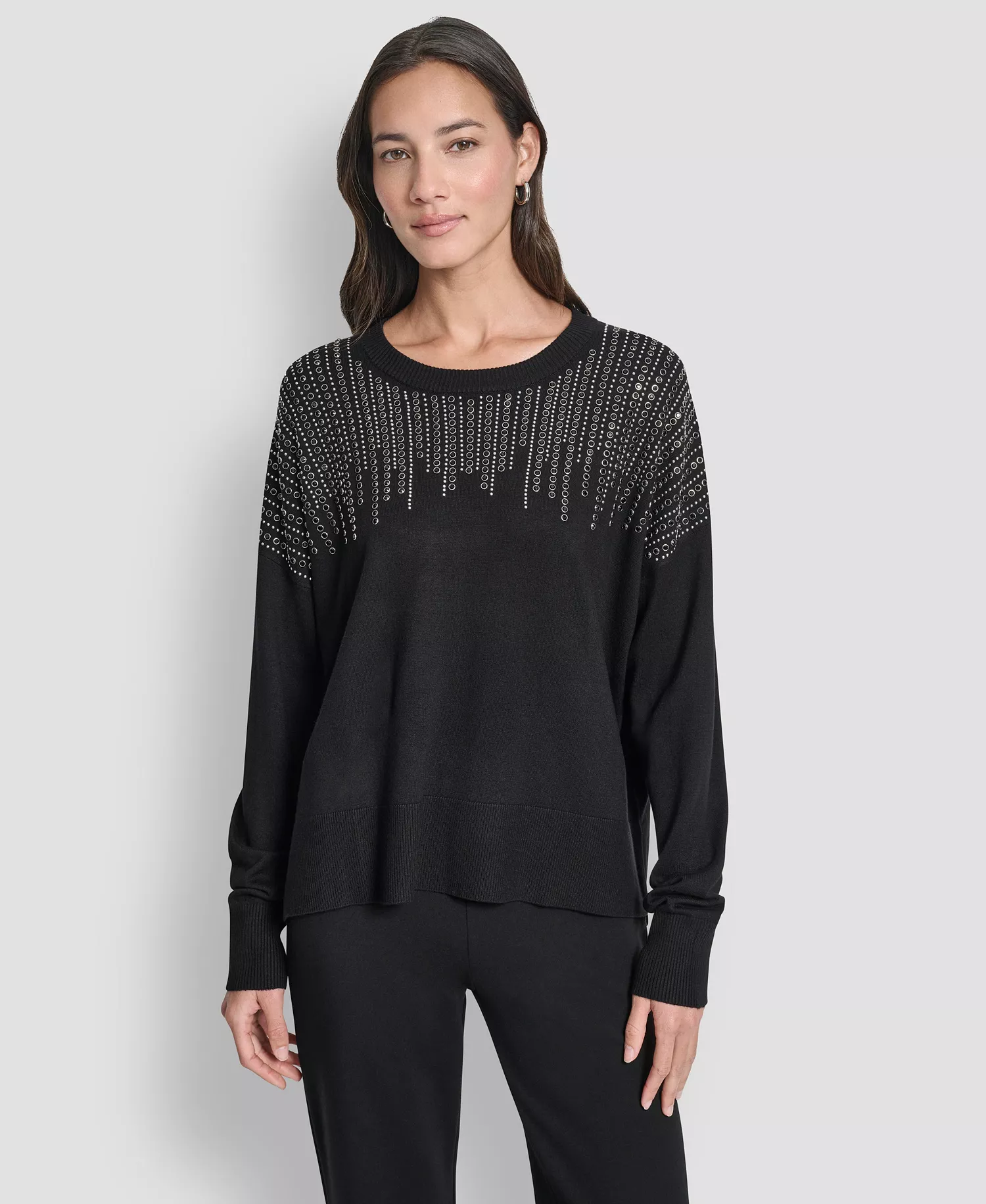 Women's Hotfix Fringe Long Sleeve Sweater - Black - M