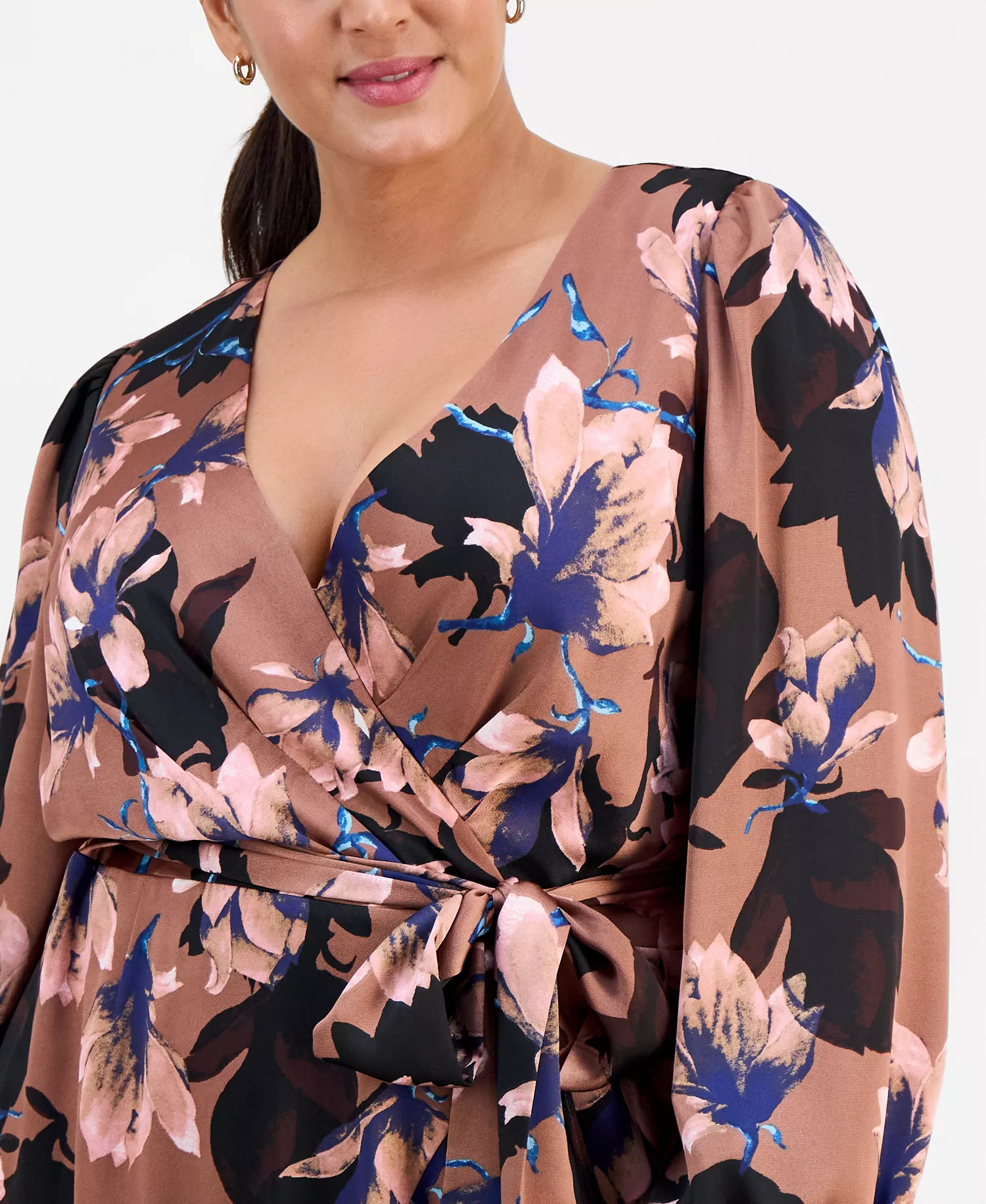 Plus Size Floral Print Faux-Wrap Midi Dress - Mauve Floral - 14W