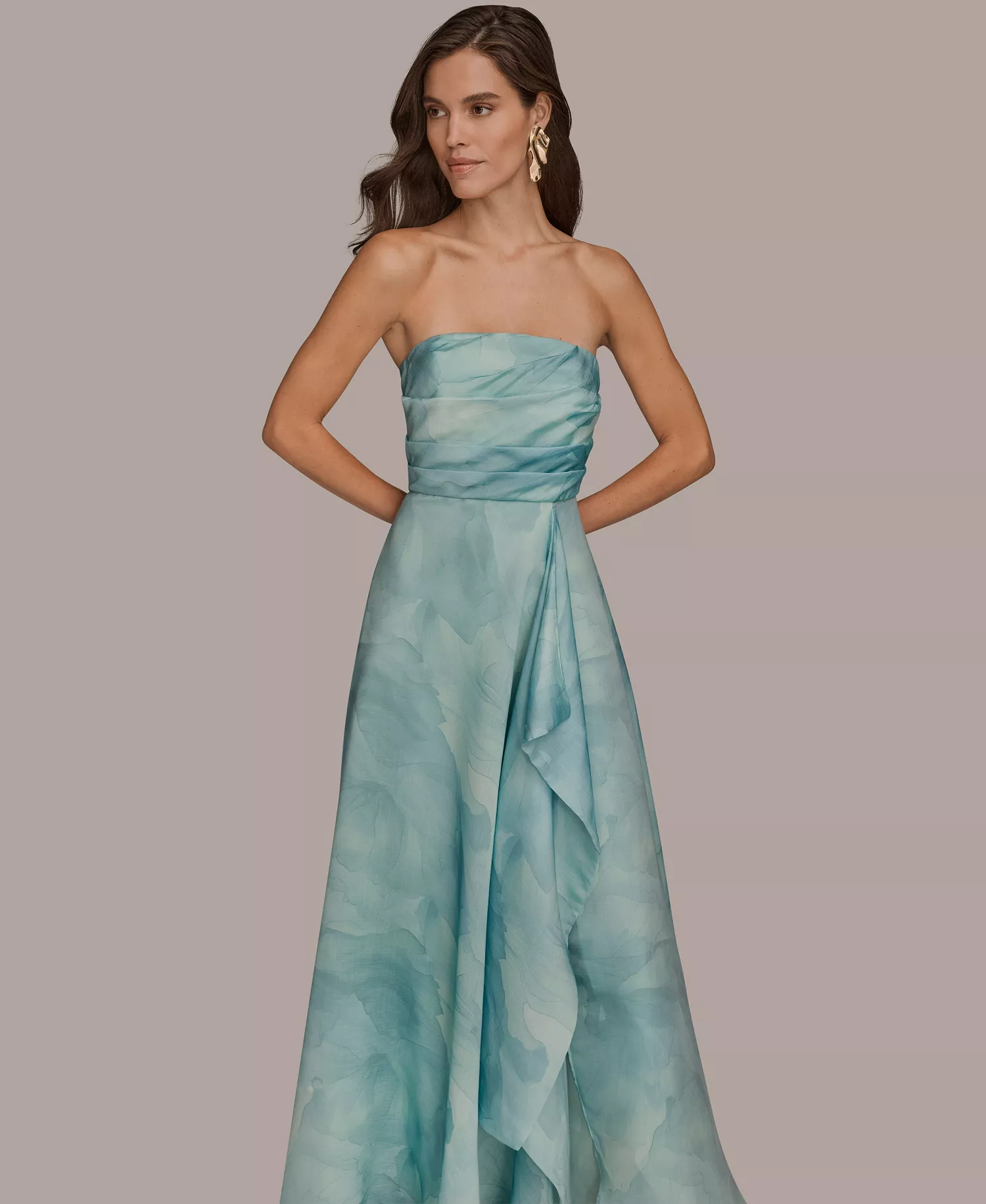 Women's Floral Print Strapless Ball Gown - Sea Mist Multi - 10