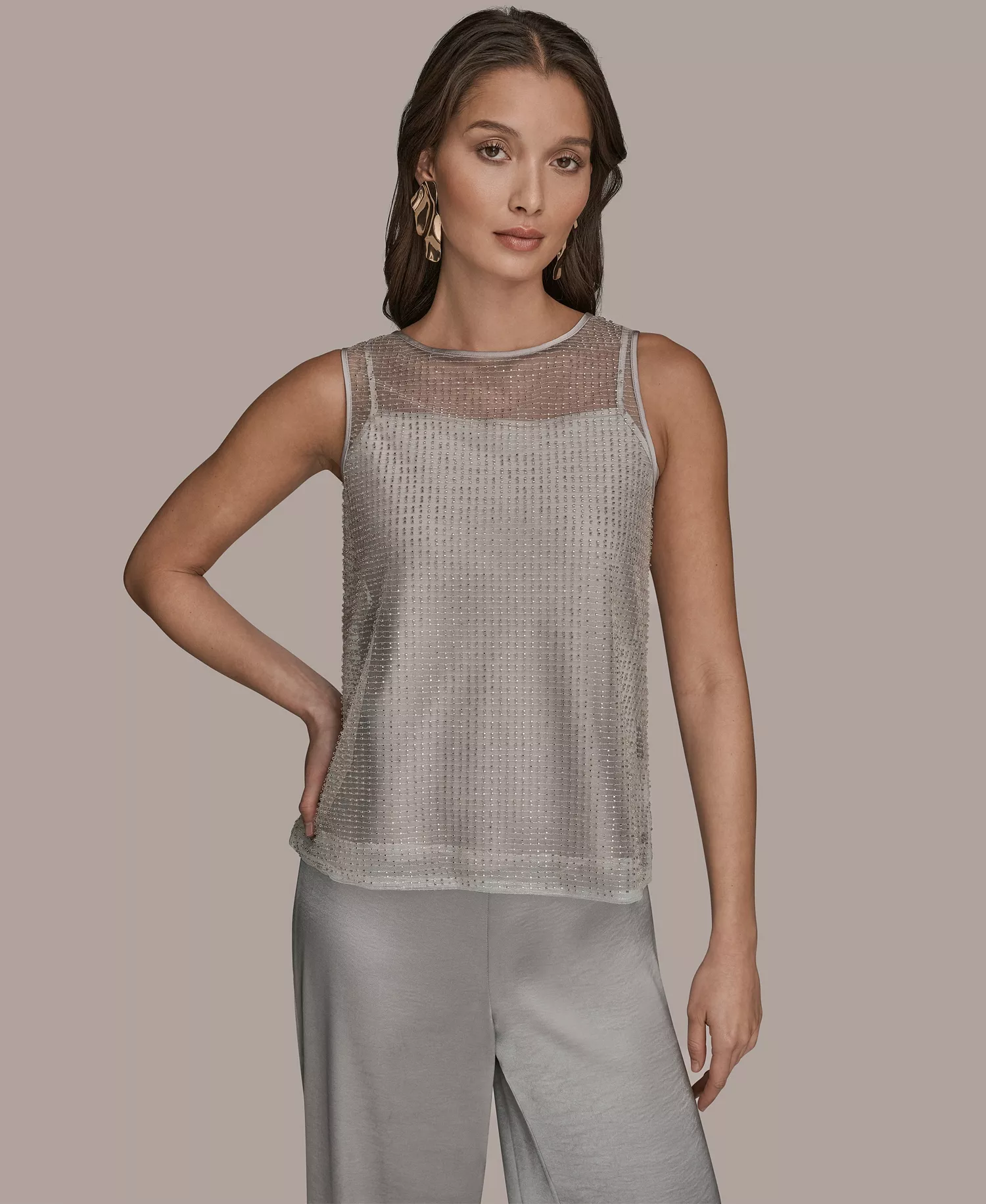 Women's Metallic Belted Sleeveless Vest, Beaded Top, and Wide-Leg Pants - Silver/white - L