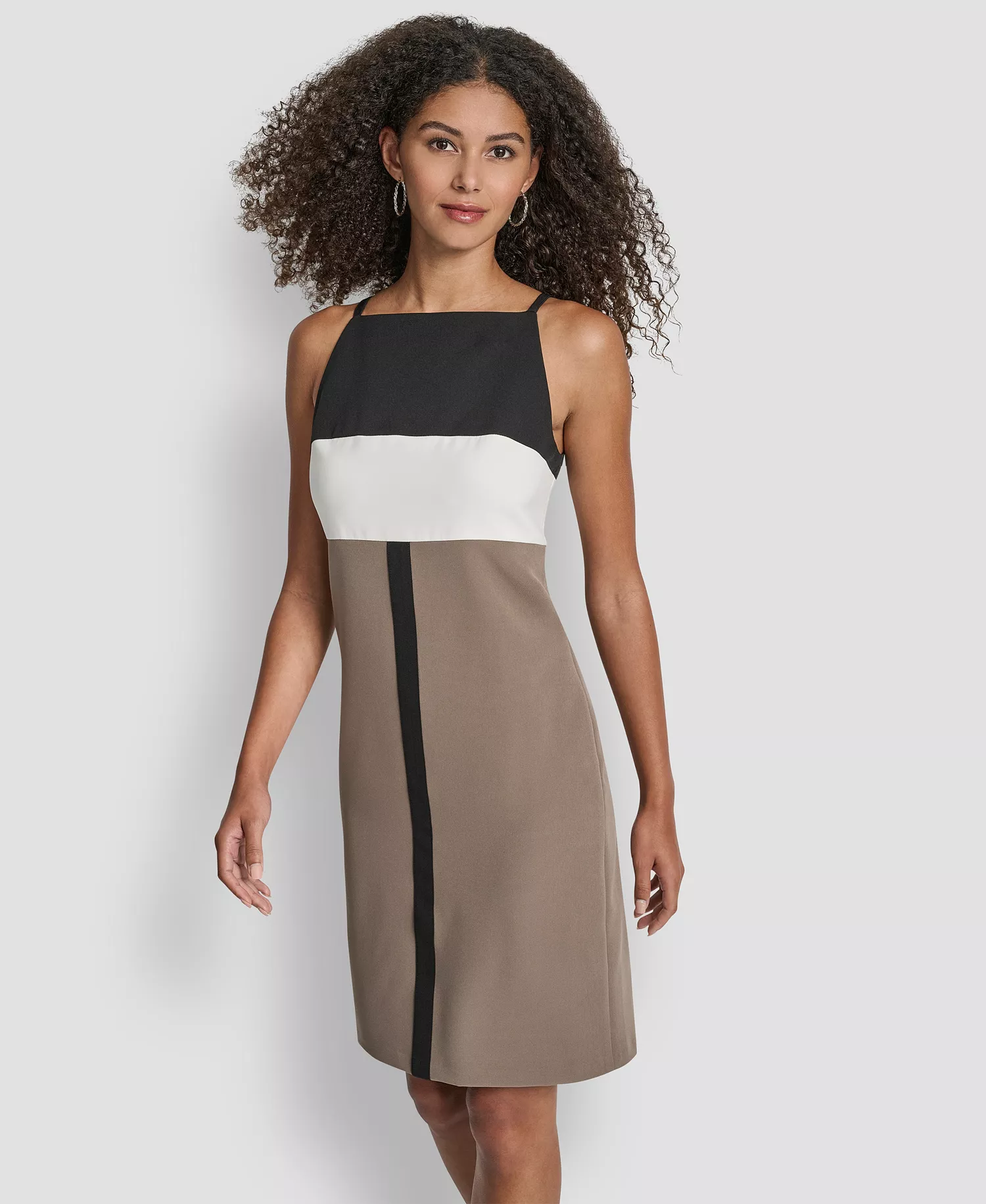 Women's Sleeveless Square Neck Colorblock Sheath Dress - Black/Ivory/Morel - 10