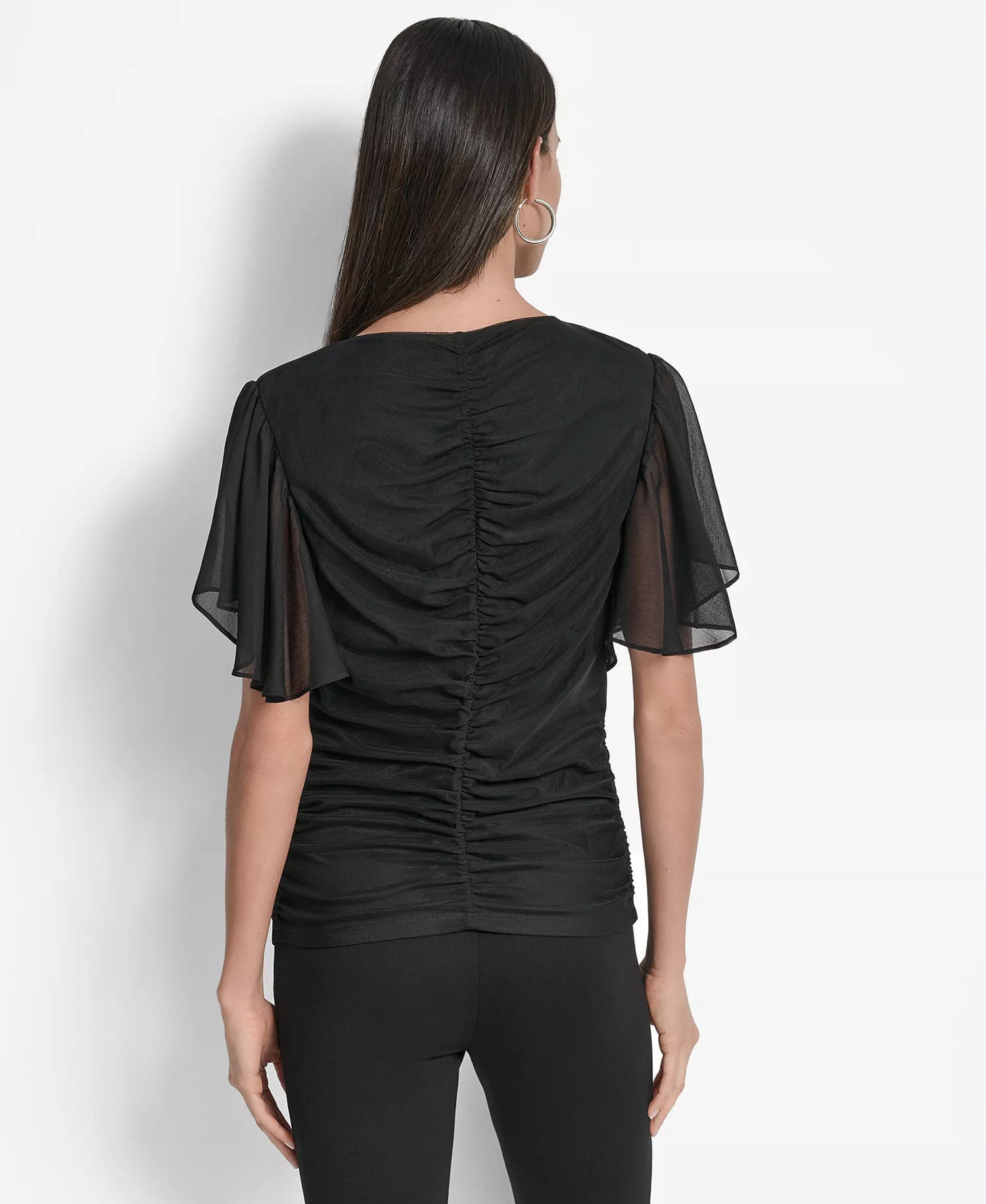 Women's Center-Ruched Flutter-Sleeve Top - Black - S