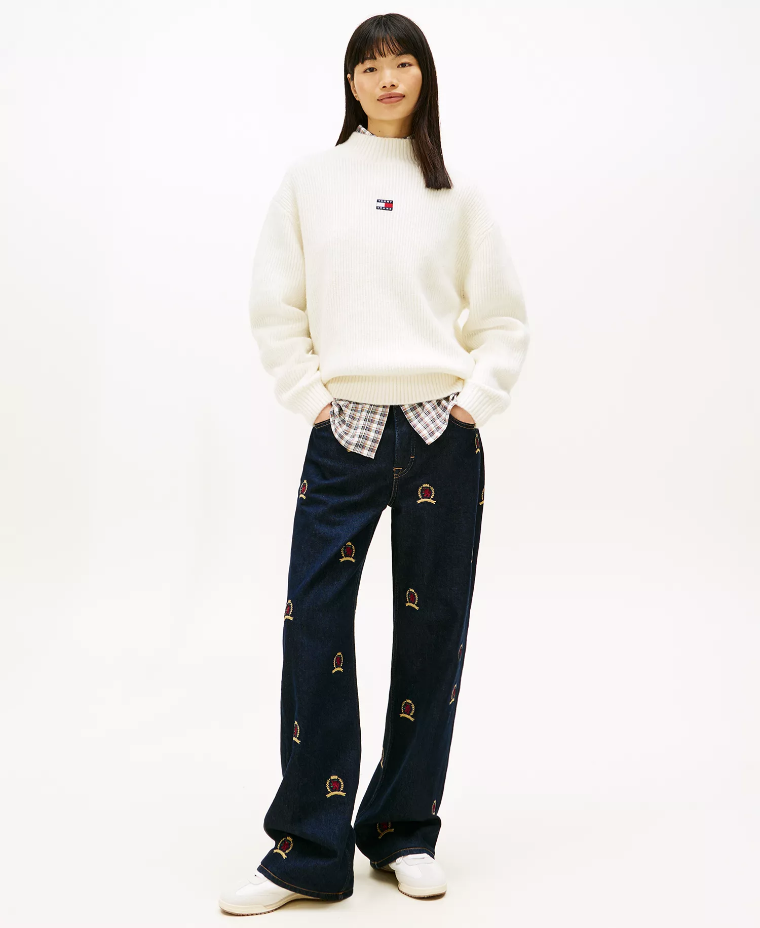 Women's Mock Neck Badge Sweater - Ancient White - L