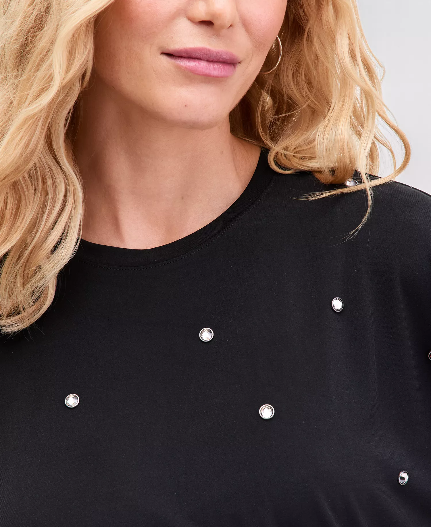 Women's Short Sleeve Crystal Embellished T-Shirt, Macy's Exclusive - Deep Black - L