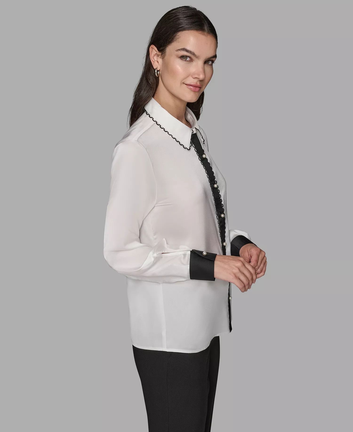 Women's Color Block Long Sleeve Top - Soft White/Black - L