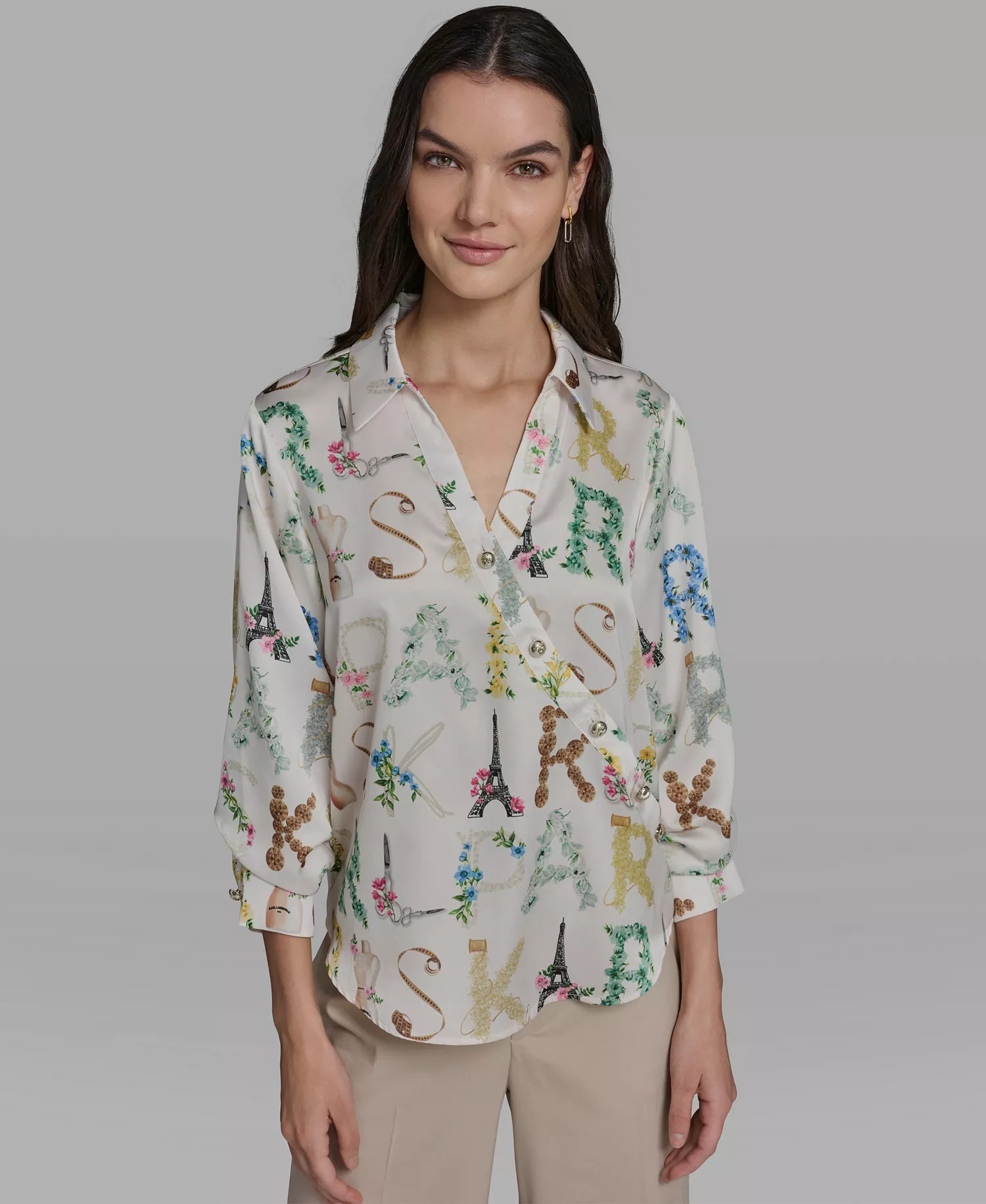 Women's V-Neck Allover Print 3/4-Sleeve Top - Bisque/panna Cotta Multi - L