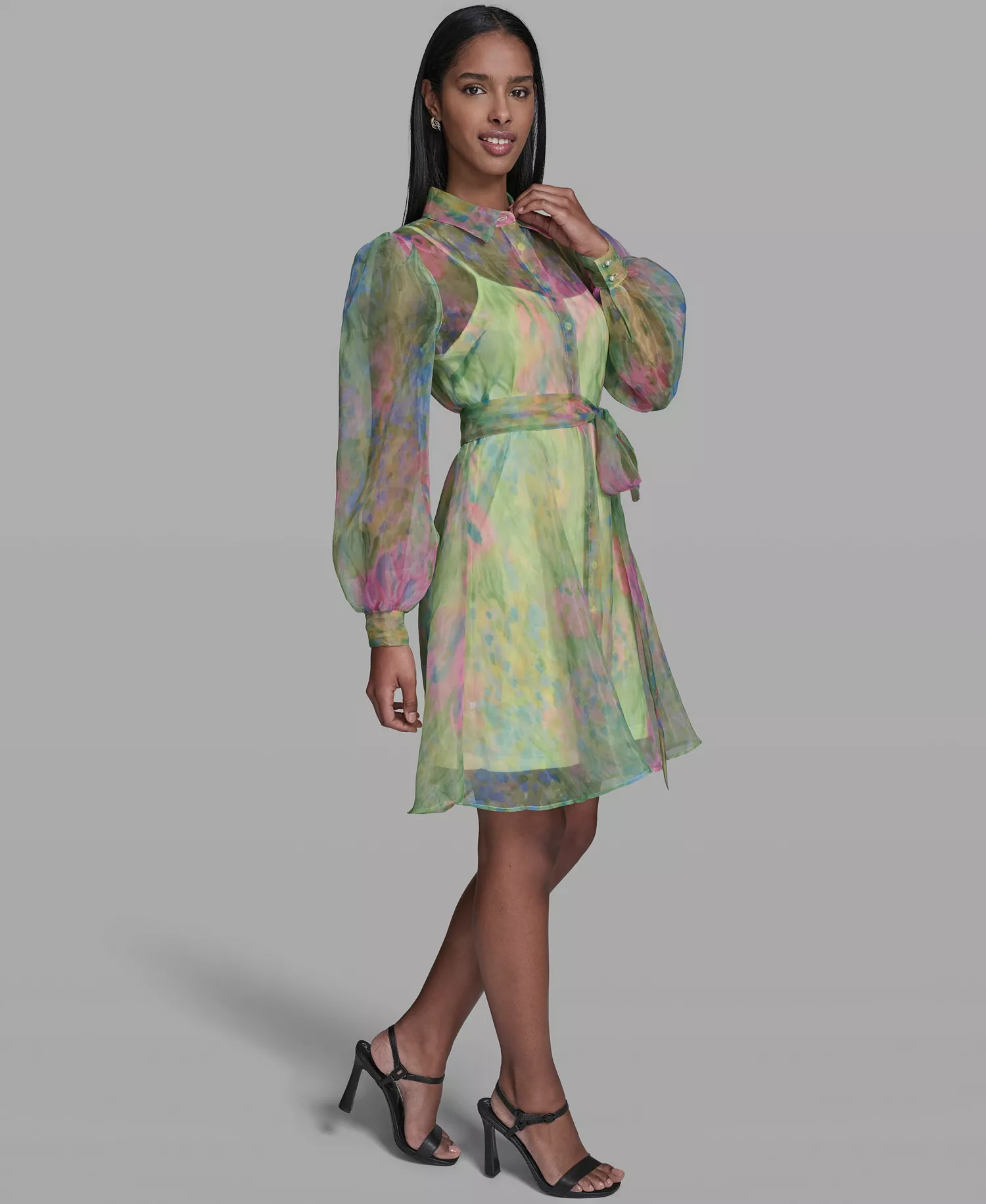 Women's Printed Puff-Sleeve Collared Dress - Pink Sherbet/Tea Green Multi - 0