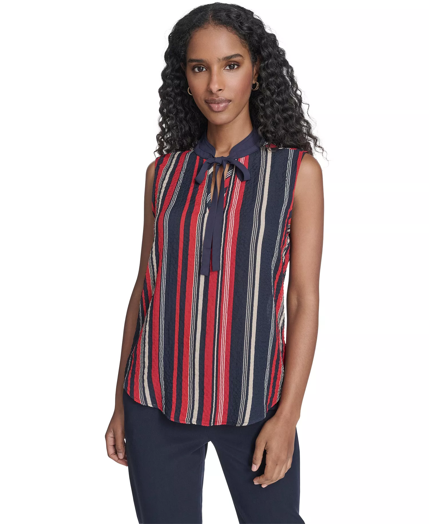 Women's Sleeveless Striped Tie V-Neck Blouse - Midnight/ Scarlet - L