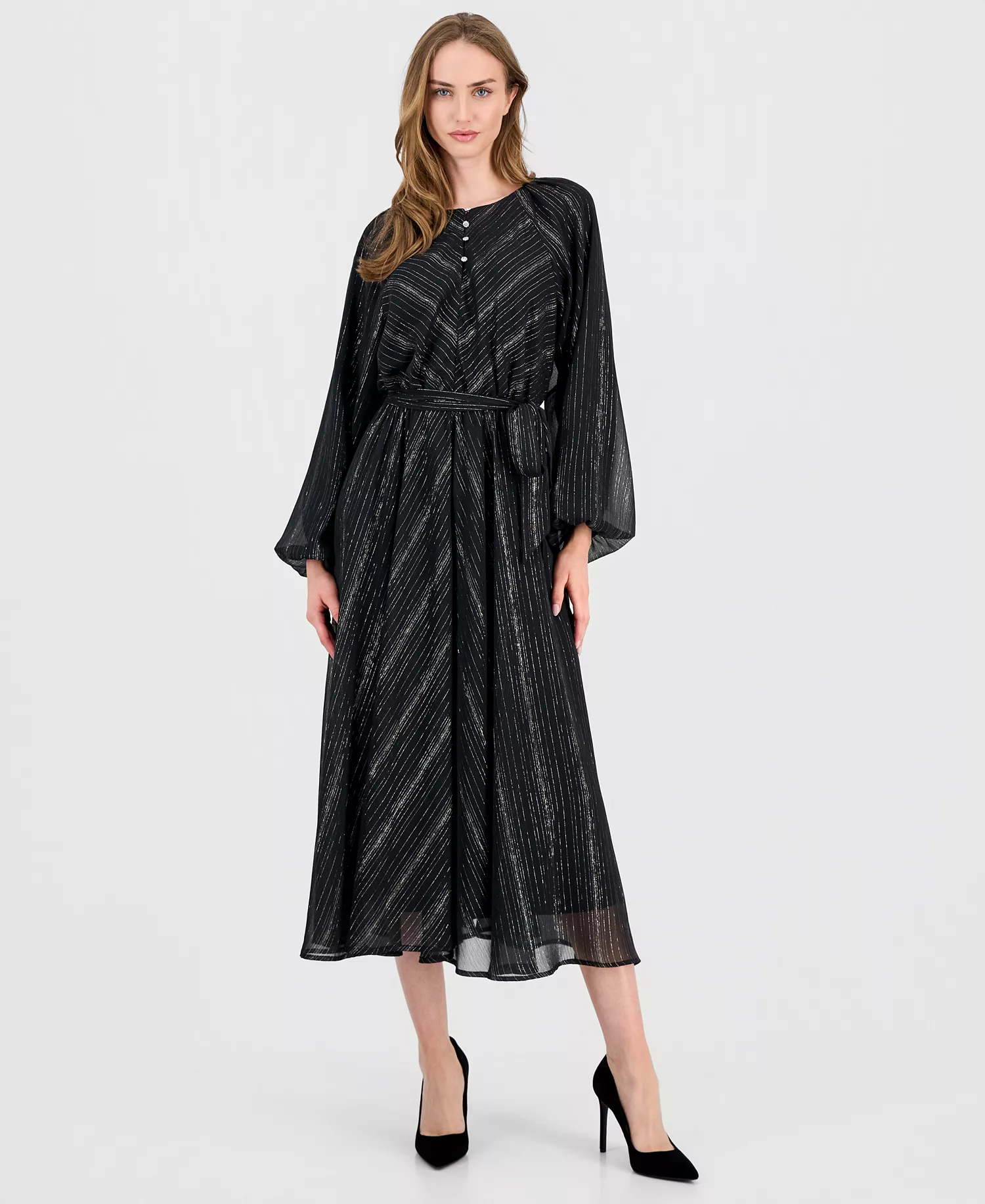 Women's Long-Sleeve Fit & Flare Dress - Black/silver Stripe - 10