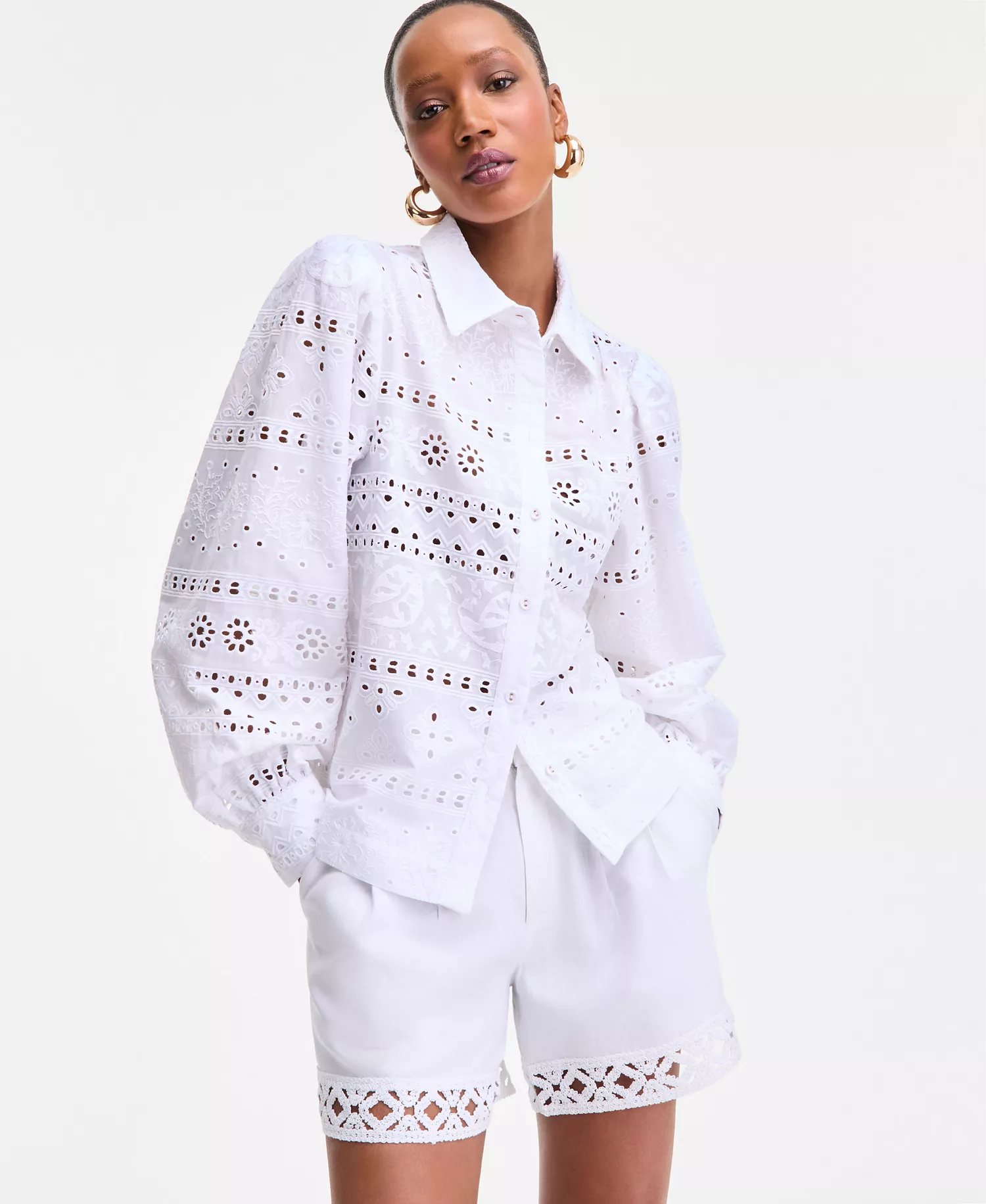 Women's Cotton Eyelet Blouson-Sleeve Blouse, Exclusively at Macy's - Bright White - L