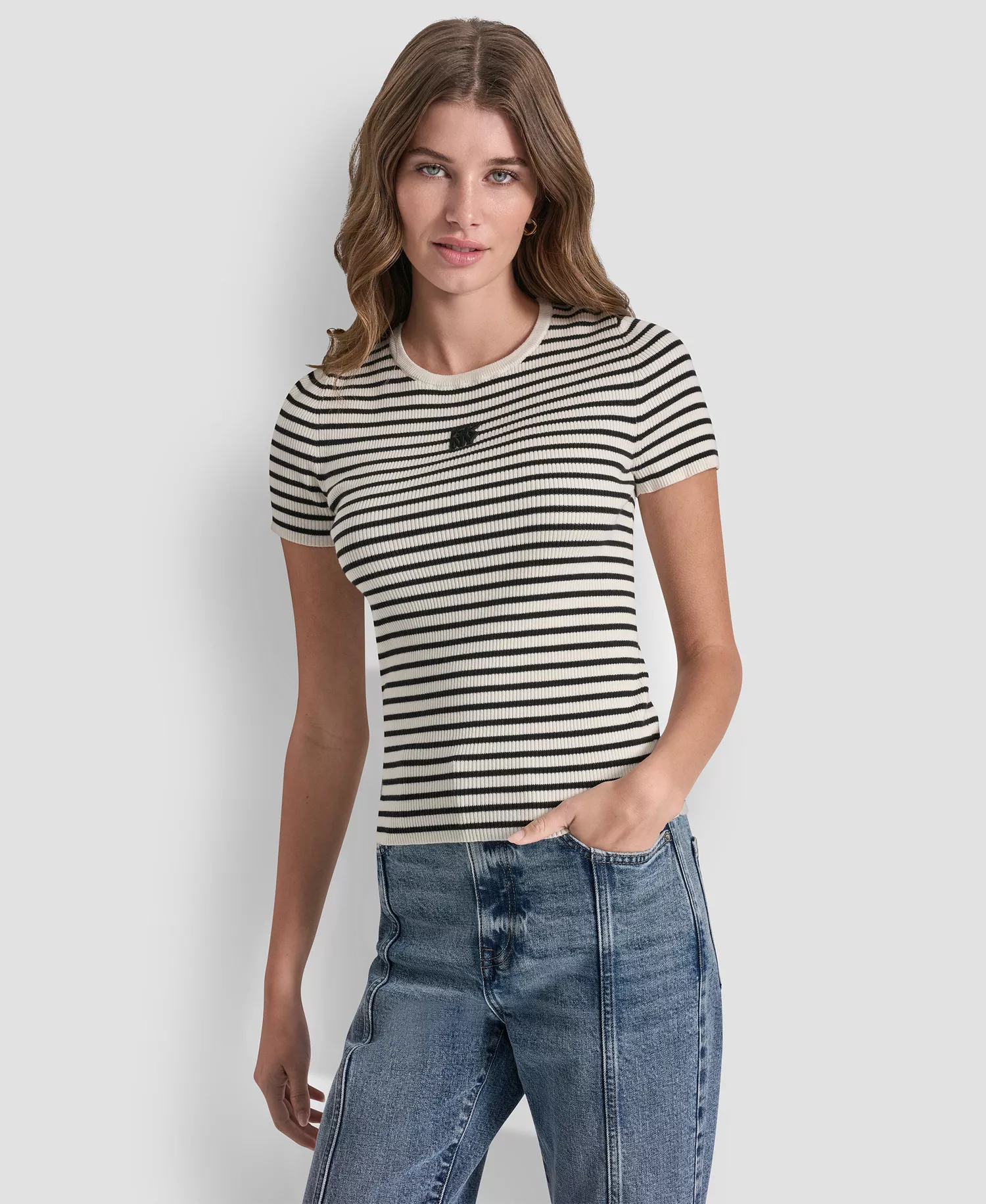Women's Crew Neck Striped Rib Top - Eggnog/black - L