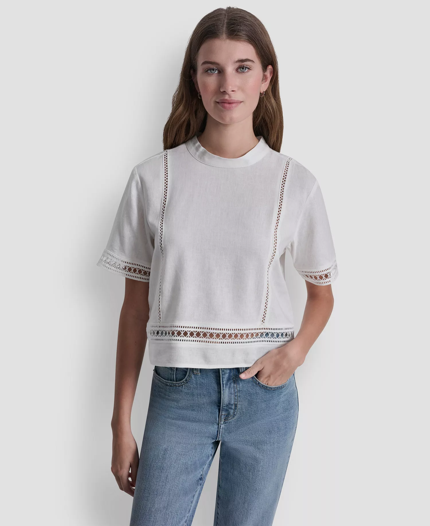 Women's Crewneck Linen-Blend Short-Sleeve Top - Ivory - L