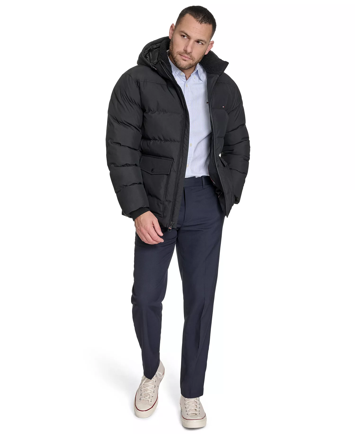 Men's Two Pocket Hooded Puffer Jacket - Black - 2XL