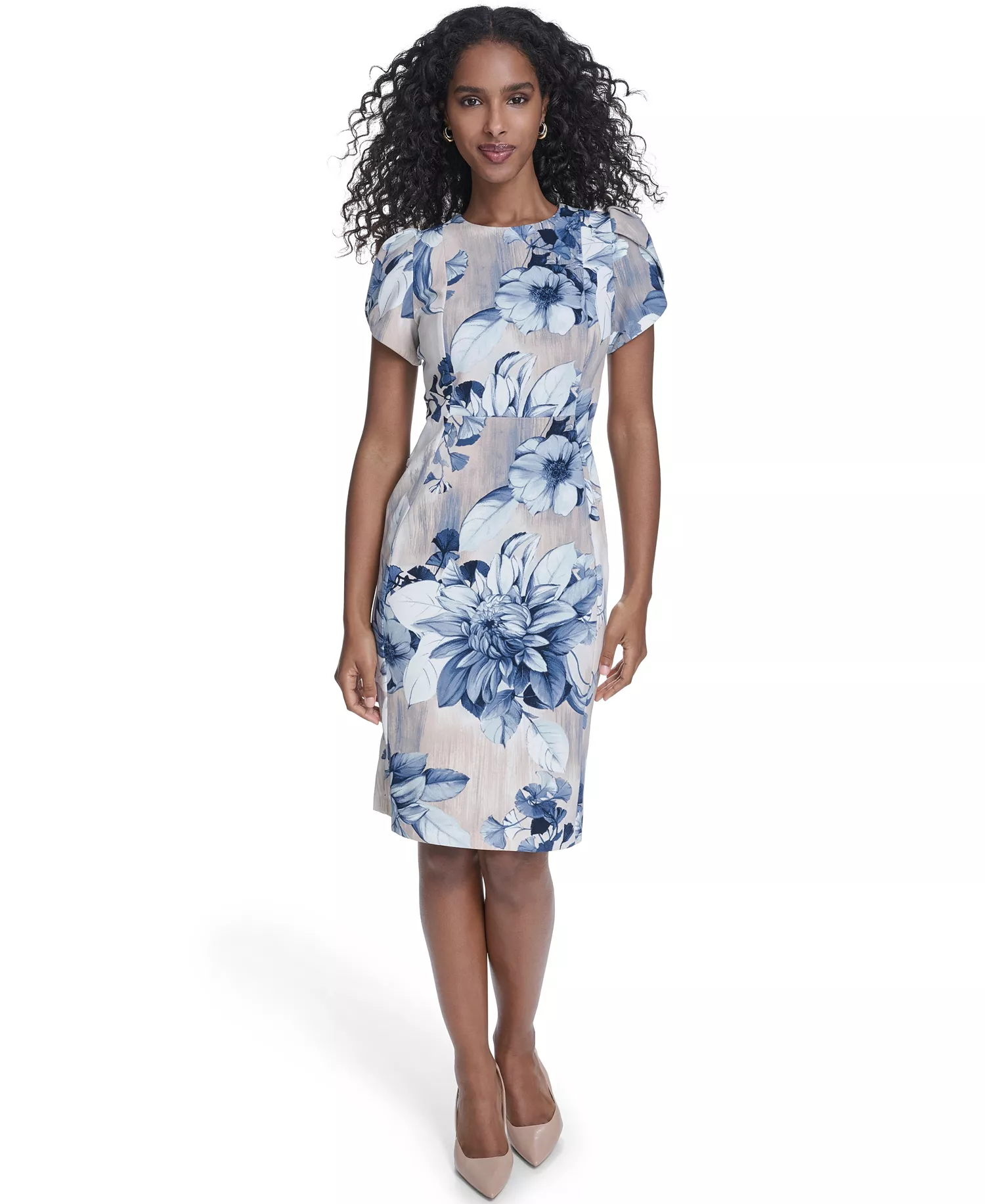Women's Printed Tulip Short-Sleeve Sheath Dress - Indigo Multi - 10