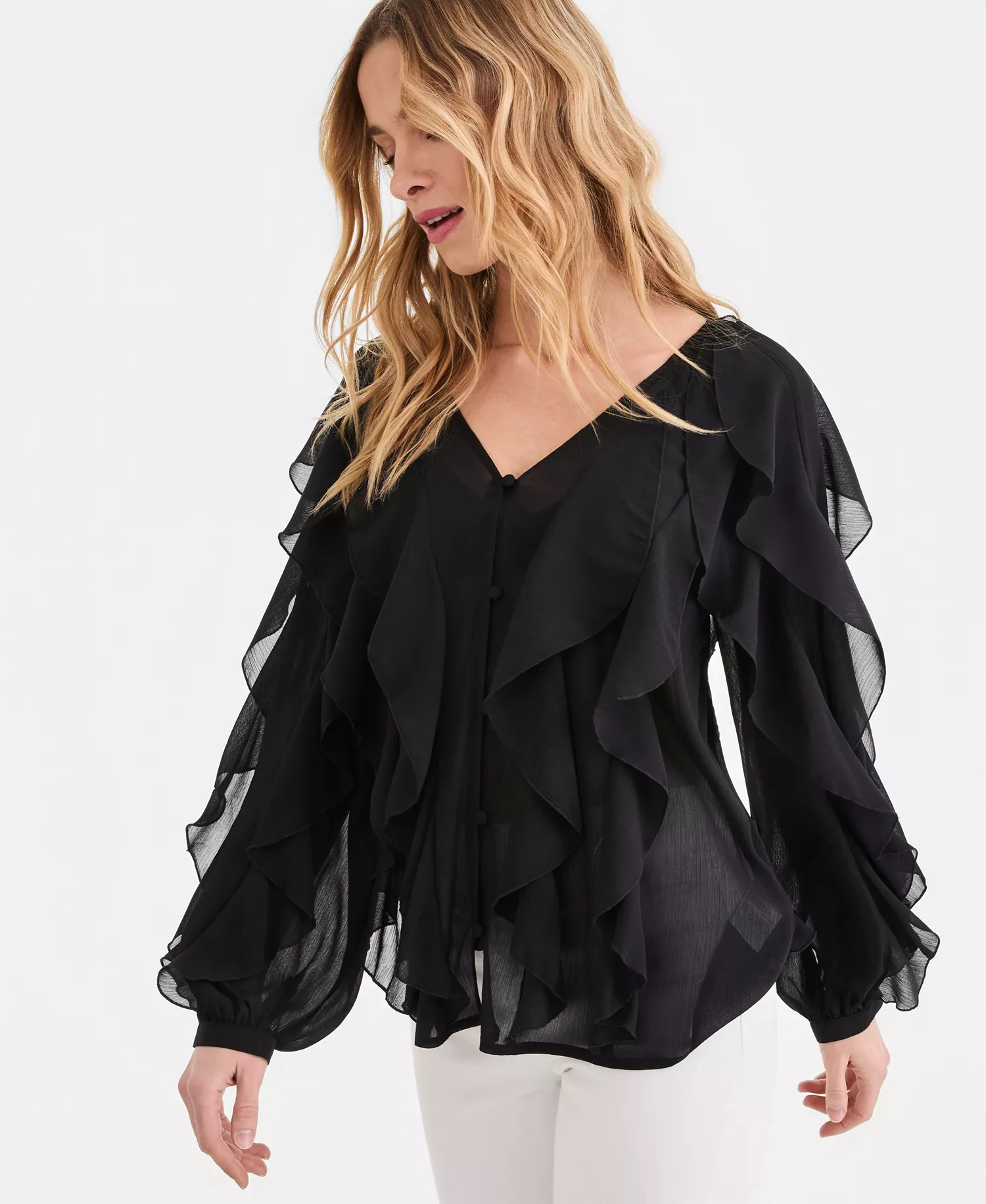 Women's Long-Sleeve Ruffled Blouse, Macy's Exclusive - Deep Black - L