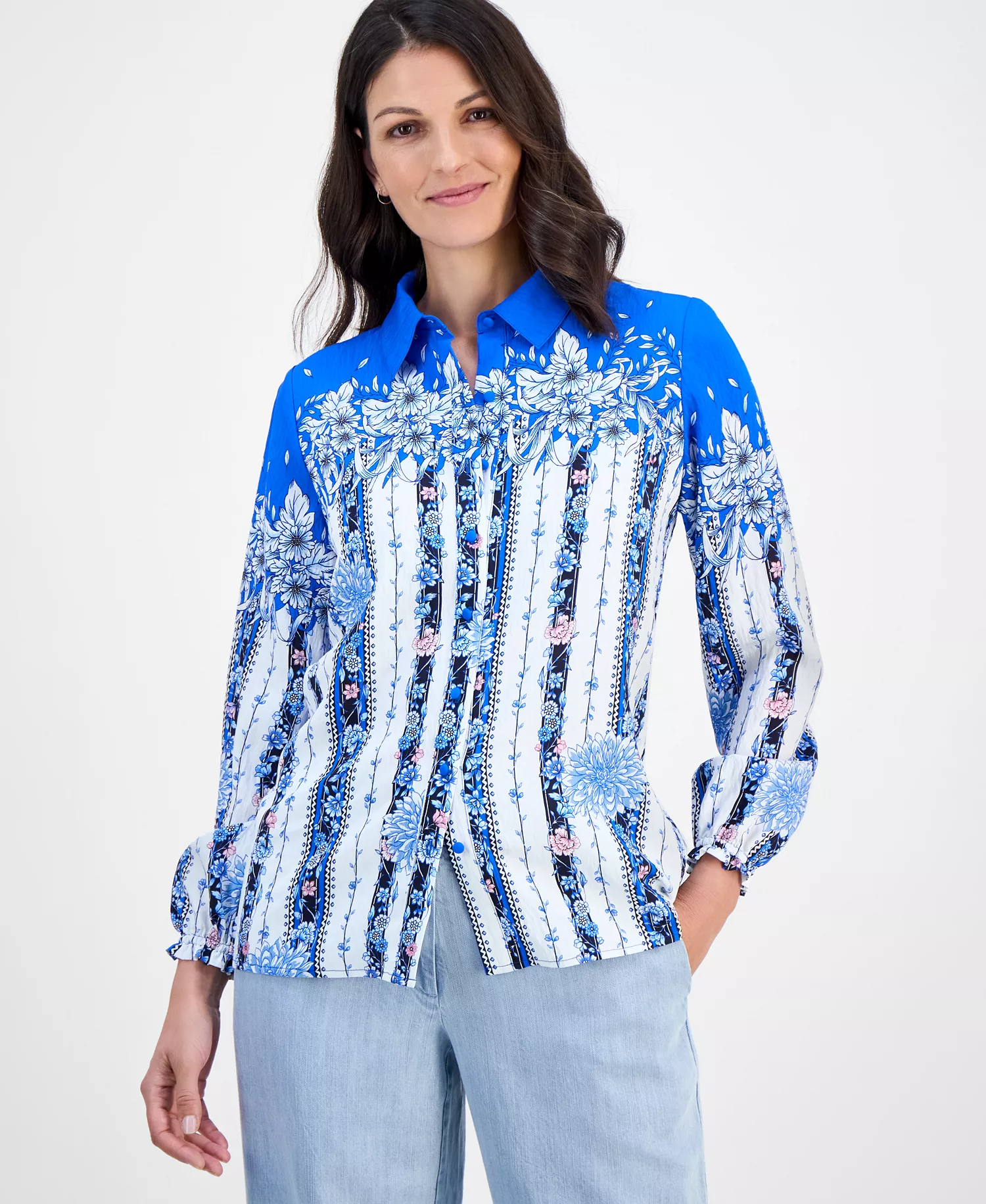 Women's Placed-Floral Button-Down Blouse - Sky Forest - L