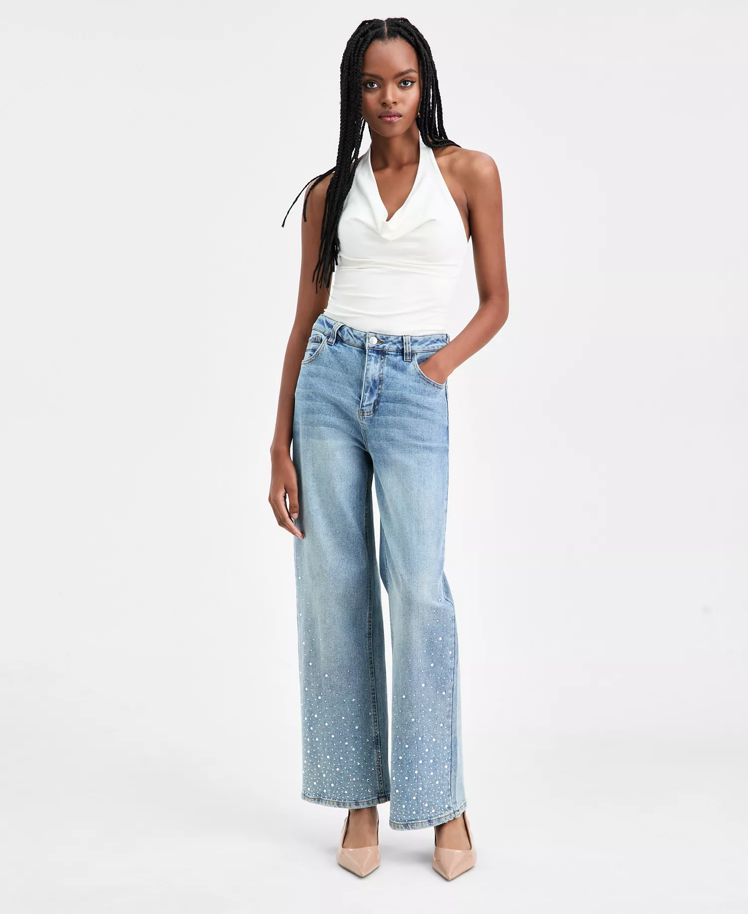 Women's Rhinestone Embellished Wide-Leg Jeans, Macy's Exclusive - Light Wash - M
